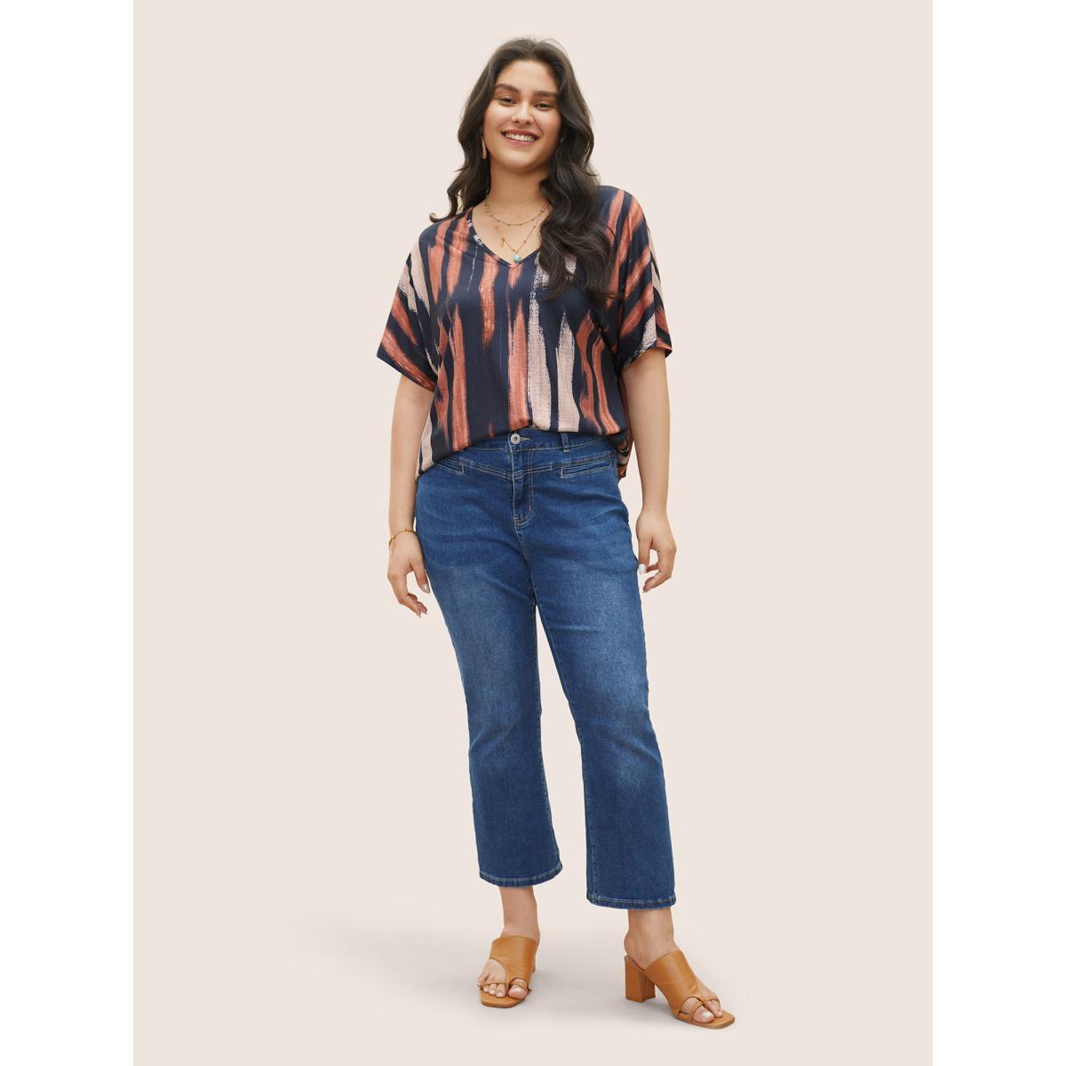 Plus Size Striped Contrast Dolman Sleeve V Neck T-shirt Midnight Women Casual Striped V-neck Everyday T-shirts BloomChic 30/6X Product Image