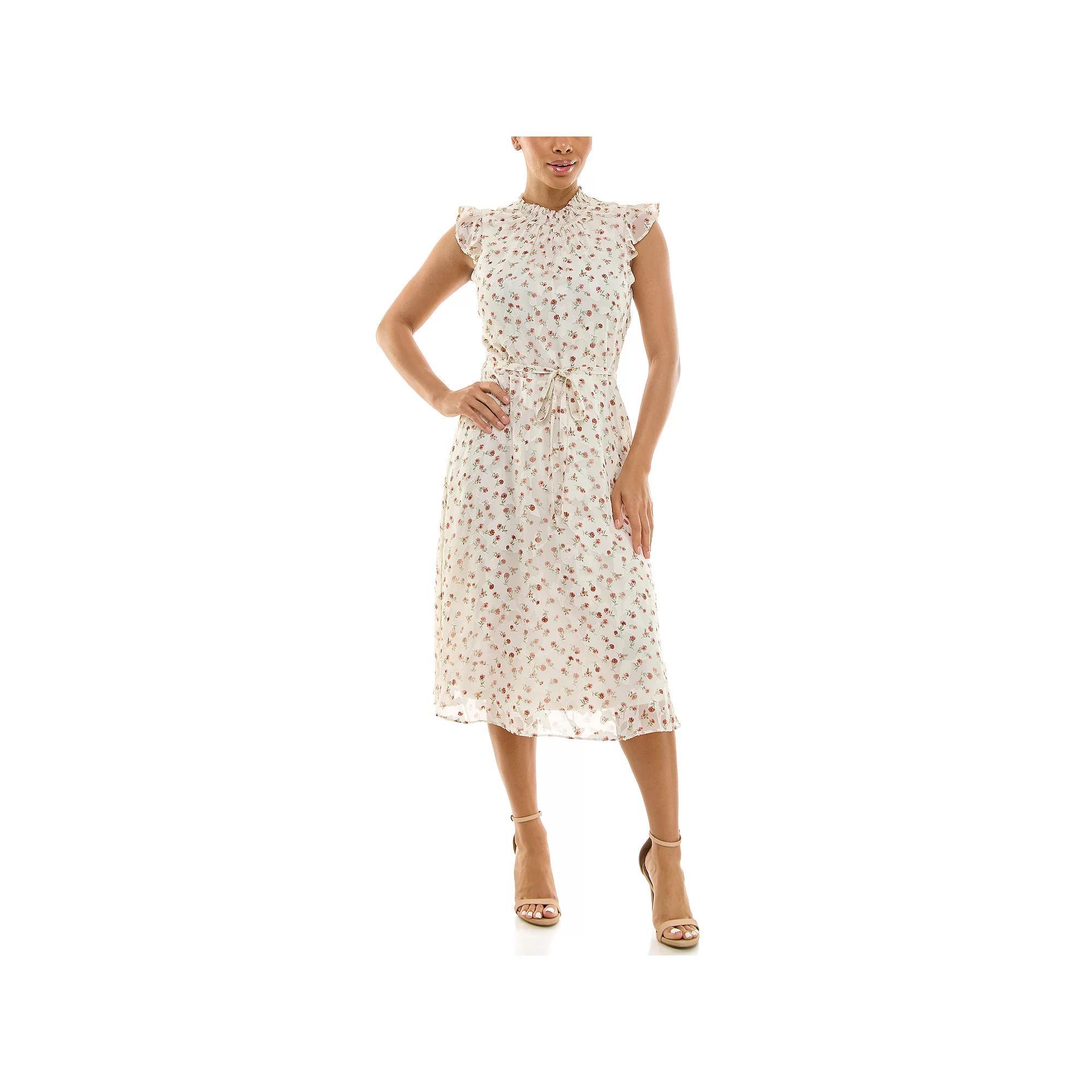 Women's Nina Leonard Smocked Flutter Sleeve Print Dress, Size: Large, Ivory Team Product Image