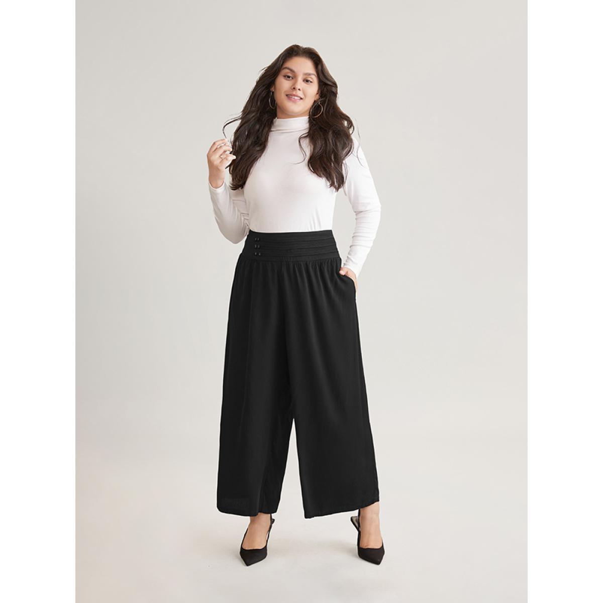 Plus Size Solid Elastic Waist Button Detail Wide Leg Pants Women Black Casual Wide Leg High Rise Dailywear Pants BloomChic 30/6X Product Image