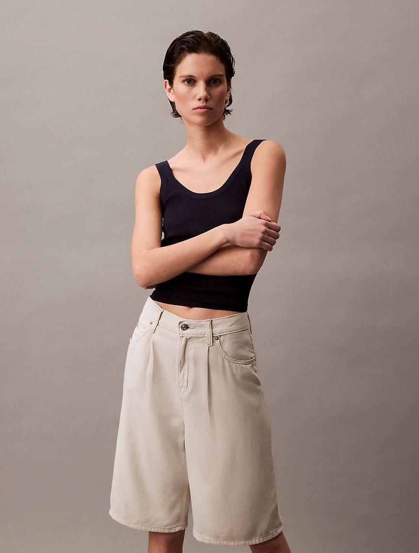 Calvin Klein Women's Pleated Relaxed Bermuda Denim Shorts - Neutral - 28 Product Image