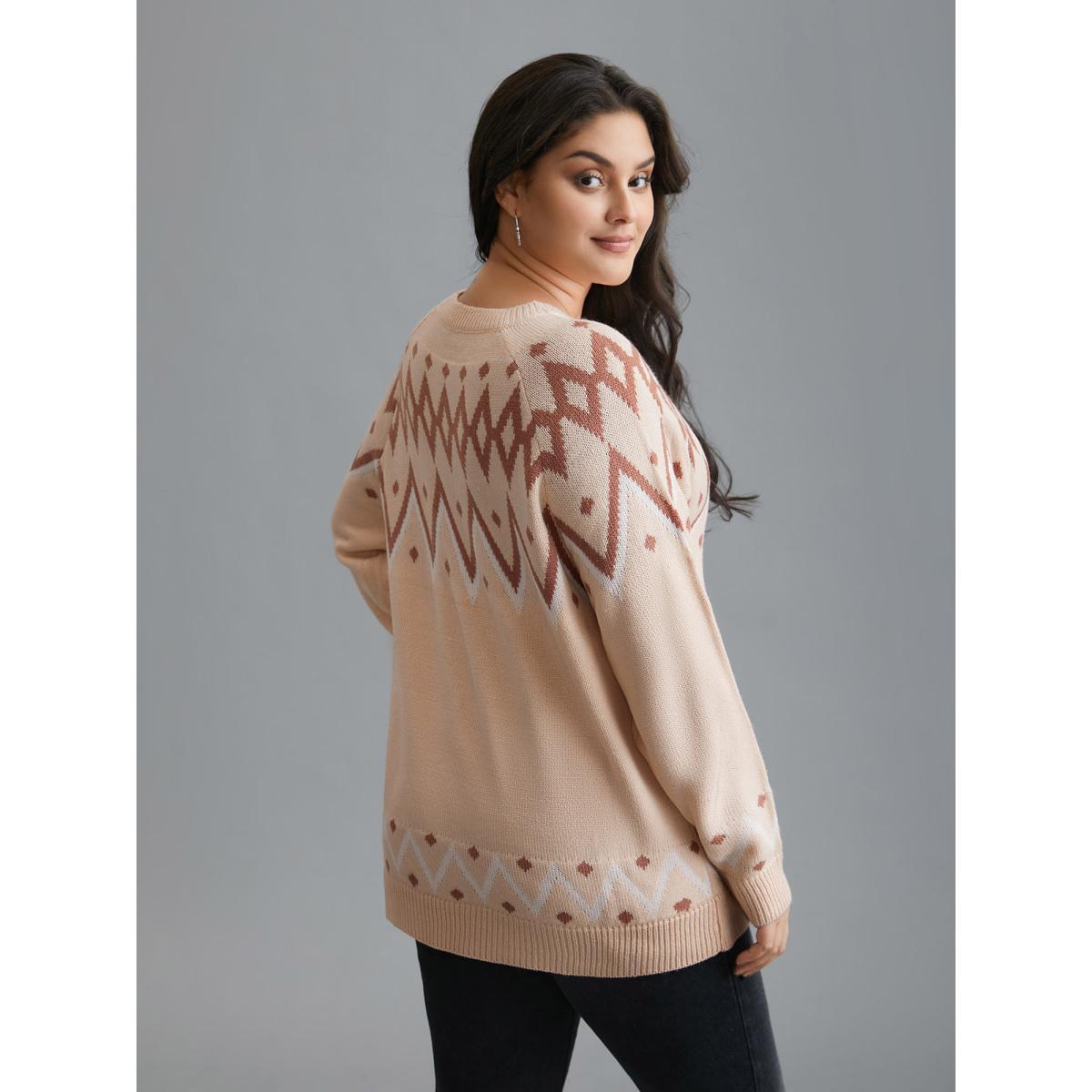 Plus Size Jacquard Print Button Round Neck Pullover Apricot Women Casual Loose Long Sleeve Round Neck Everyday Pullovers BloomChic 12/L Product Image