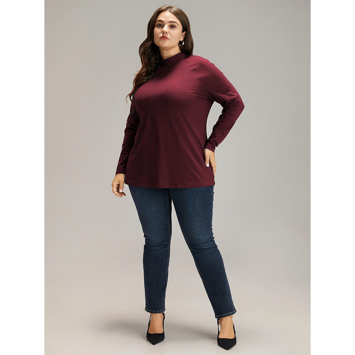 Plus Size Cotton Mock Neck Raglan Sleeve T-shirt Burgundy Women Elegant Plain Plain Mock Neck Dailywear T-shirts BloomChic 12/L Product Image