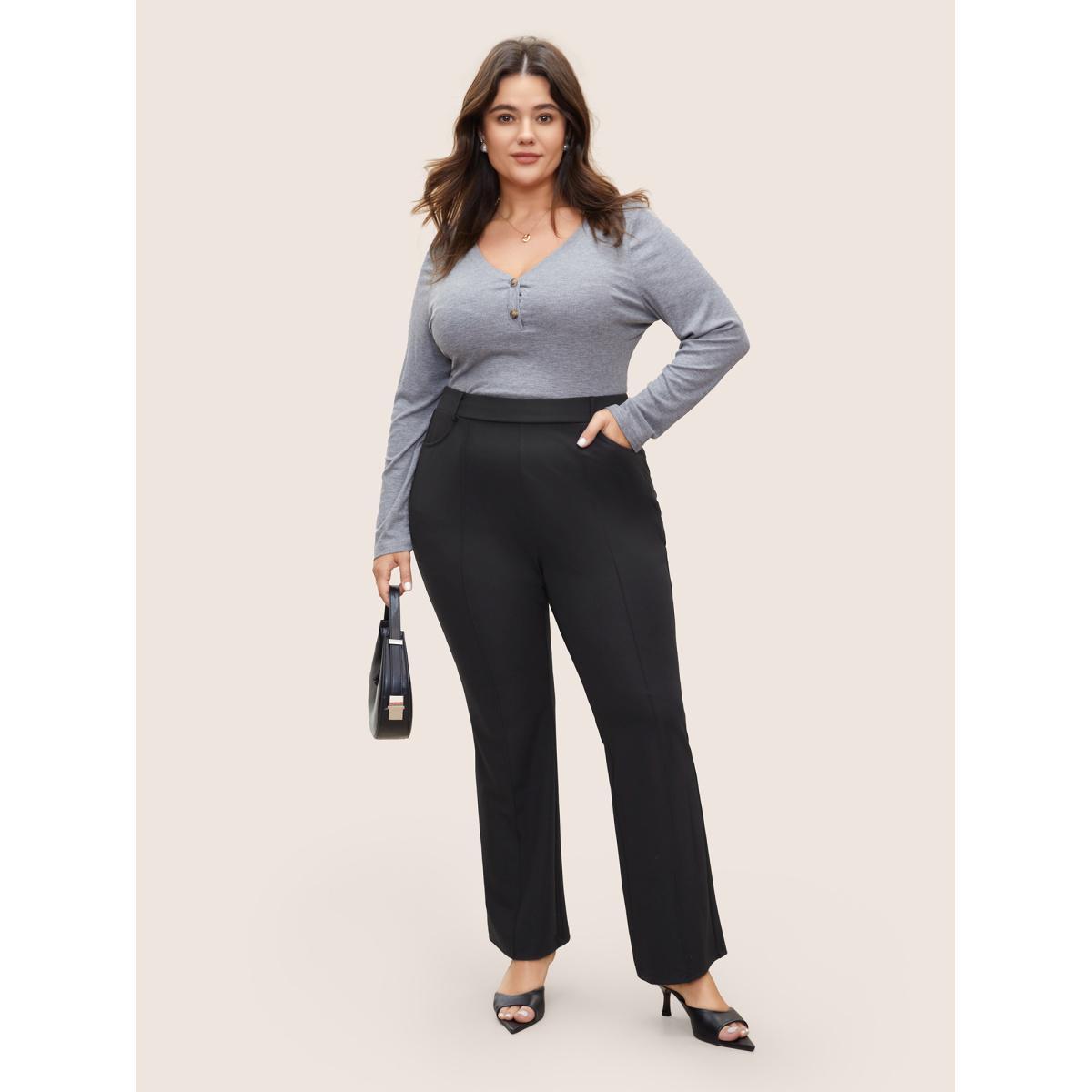Plus Size Solid High Rise Elastic Waist Flare Leg Pants Women Black At the Office Flare Leg High Rise Work Pants BloomChic 26/4X Product Image