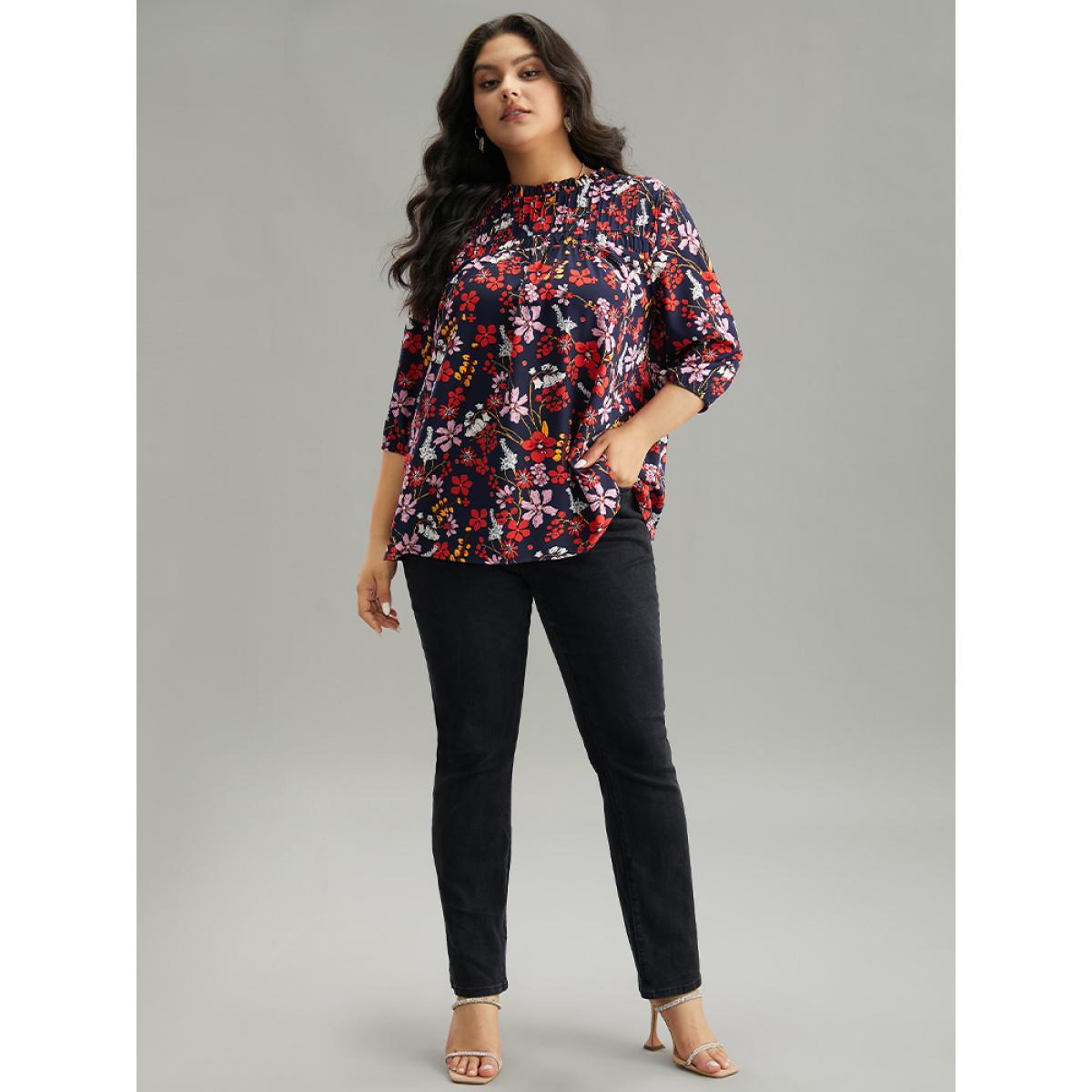 Plus Size Multicolor Floral Print Frill Trim Cut Out Blouse Women Elegant Elbow-length sleeve Round Neck Everyday Blouses BloomChic 22-24/3X Product Image