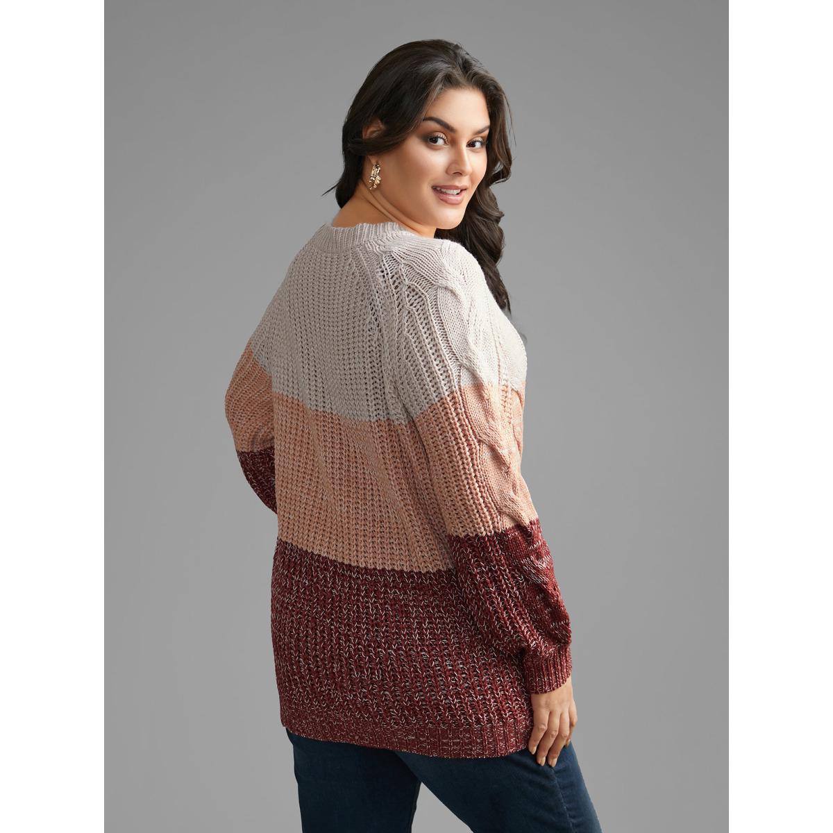 Plus Size Contrast Textured Cable Knit Pullover Rust Women Casual Loose Long Sleeve Round Neck Everyday Pullovers BloomChic 12/L Product Image