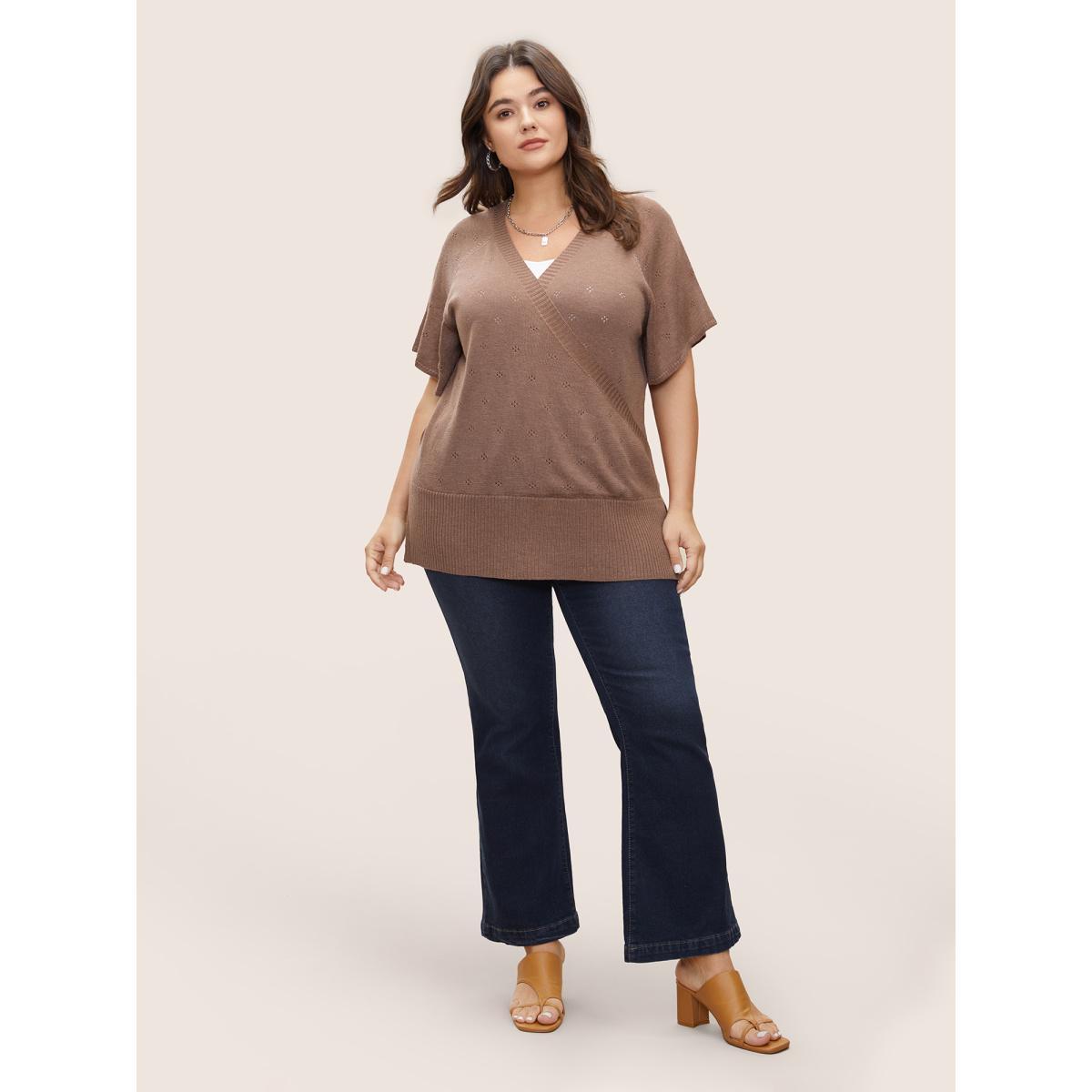 Plus Size Supersoft Essentials Wrap Split Hem Pullover DarkBrown Women Casual Short sleeve V-neck Everyday Pullovers BloomChic 12/L Product Image
