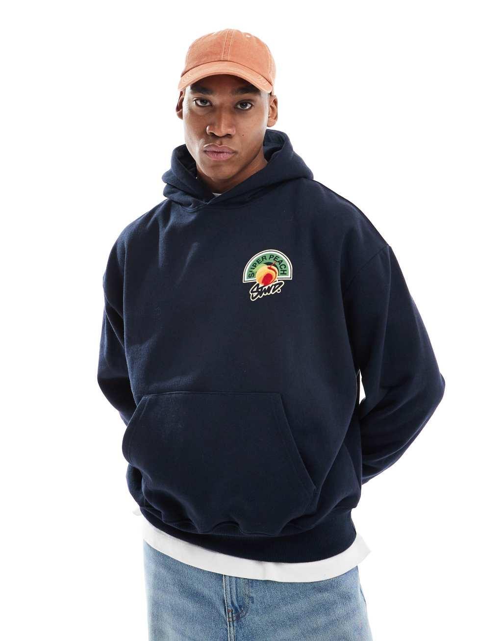 Pull&Bear STWD peach hoodie in navy Product Image