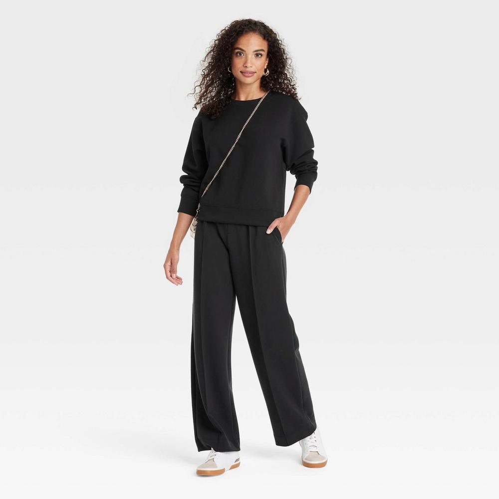 Women's Sandwash Pullover Sweatshirt - A New Day™ Black S: Heavyweight Doubleknit, Crew Neck, Long Sleeve Product Image