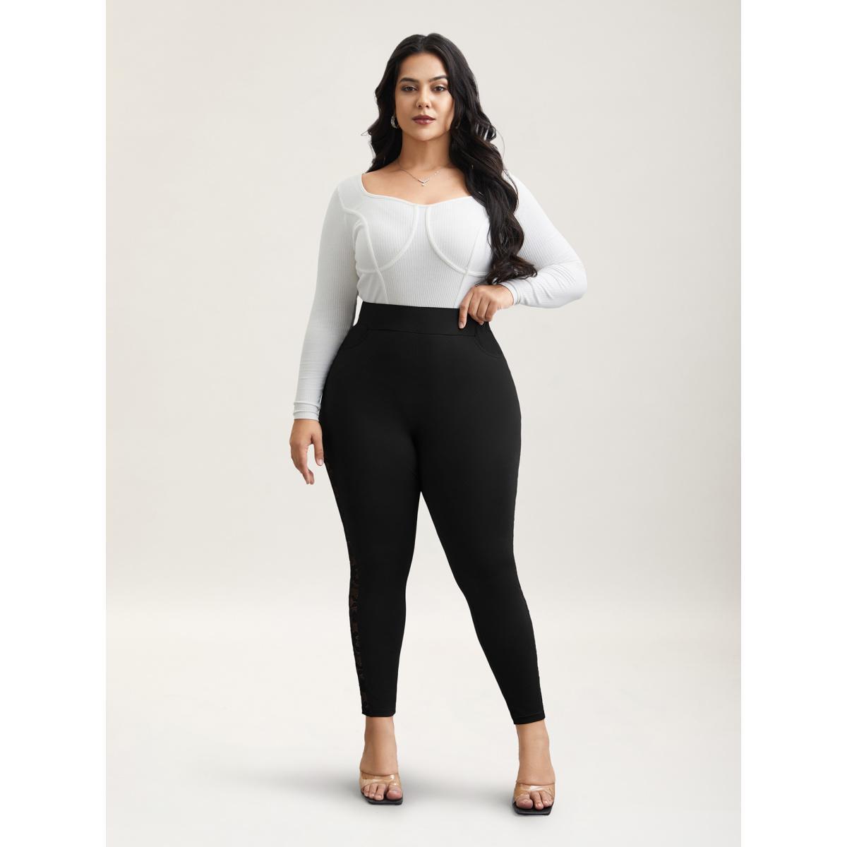 Plus Size Lace Mid-Rise Tight Pants Women Black Elegant High stretch Skinny Mid Rise Everyday Leggings BloomChic 10/M Product Image