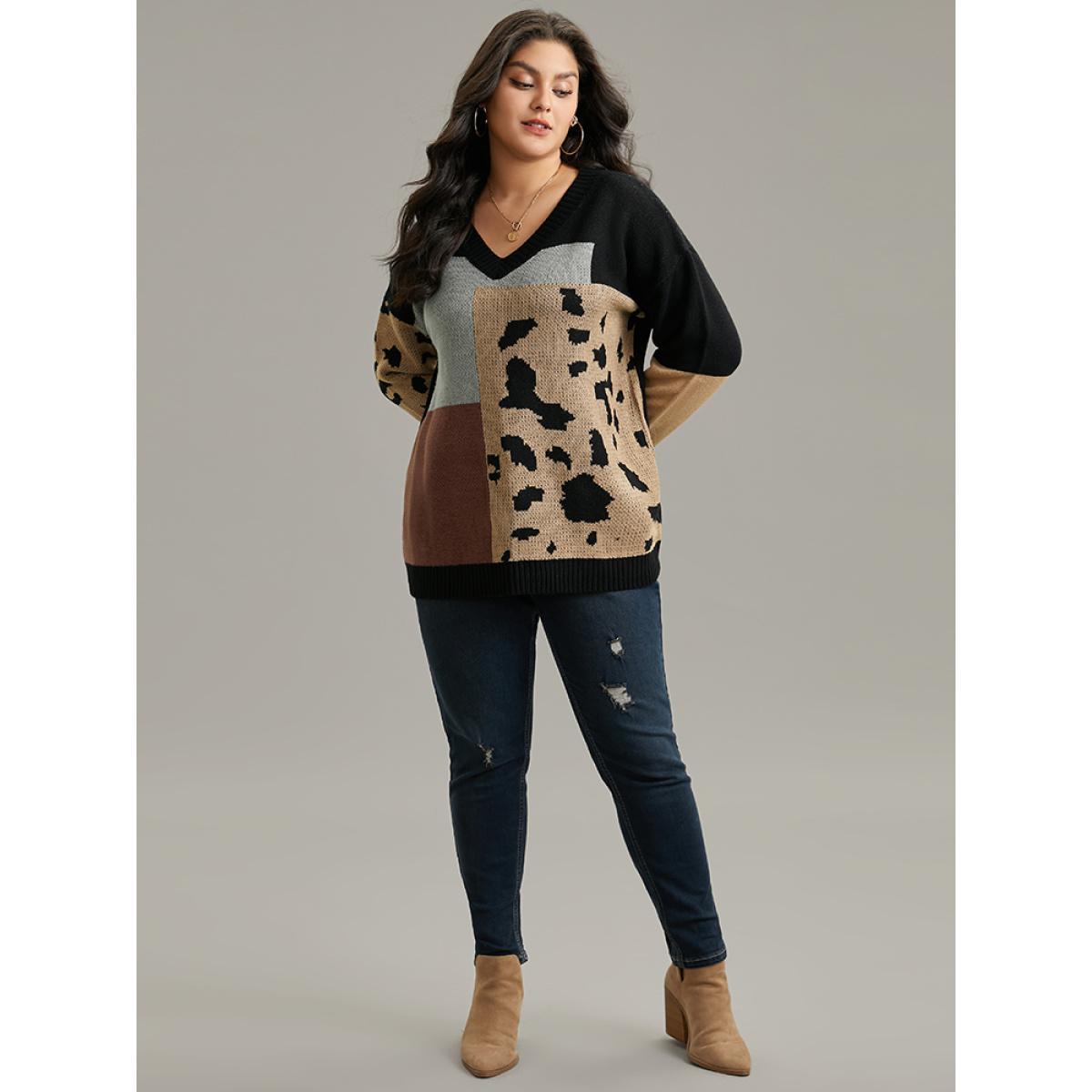 Plus Size Leopard Colorblock Contrast Pullover Black Women Casual Loose Long Sleeve V-neck Everyday Pullovers BloomChic 12/L Product Image