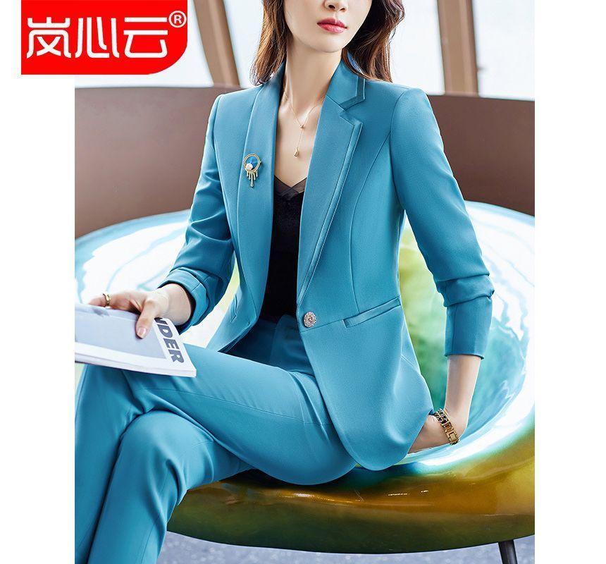 Notch Lapel Plain Asymmetrical Single Breasted Blazer / High Rise Cropped Straight Leg Suit Pants / Set Product Image