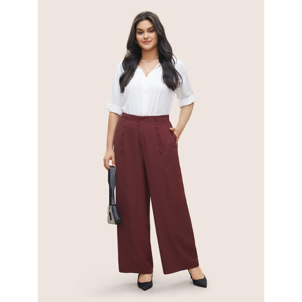 Plus Size Plain Button Detail Straight Leg Pants Women Burgundy Casual Straight Leg High Rise Everyday Pants BloomChic 10/M Product Image