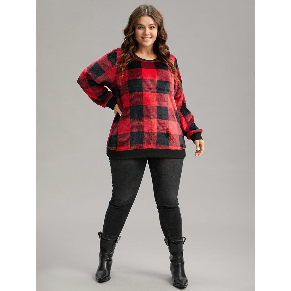 Plus Size Plaid Print Round Neck Fluffy Sweatshirt Women Scarlet Casual Rib Knit Round Neck Festival-Christmas Sweatshirts BloomChic 18-20/2X Product Image