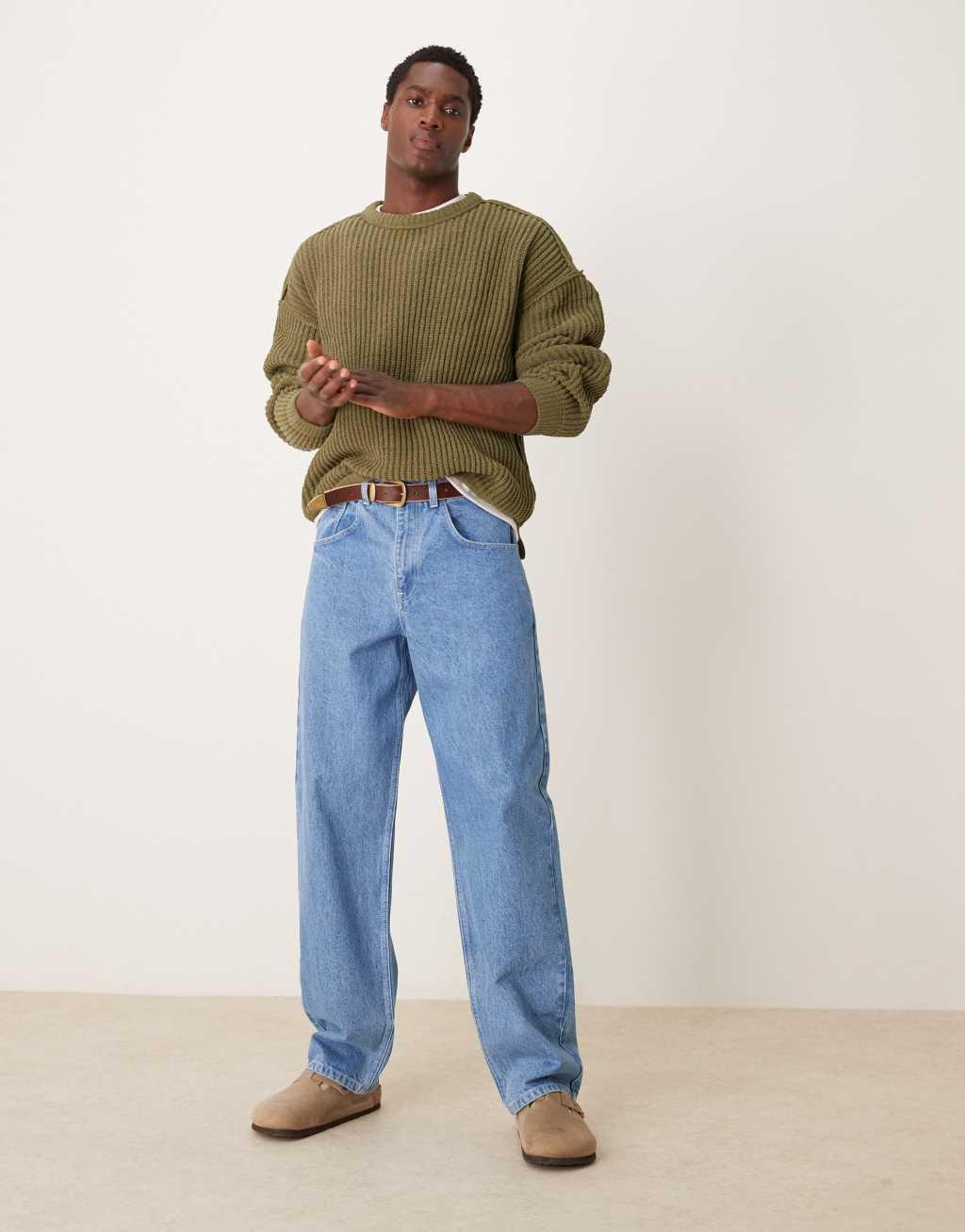 ASOS DESIGN relaxed chenille crew neck rib knit sweater in olive Product Image