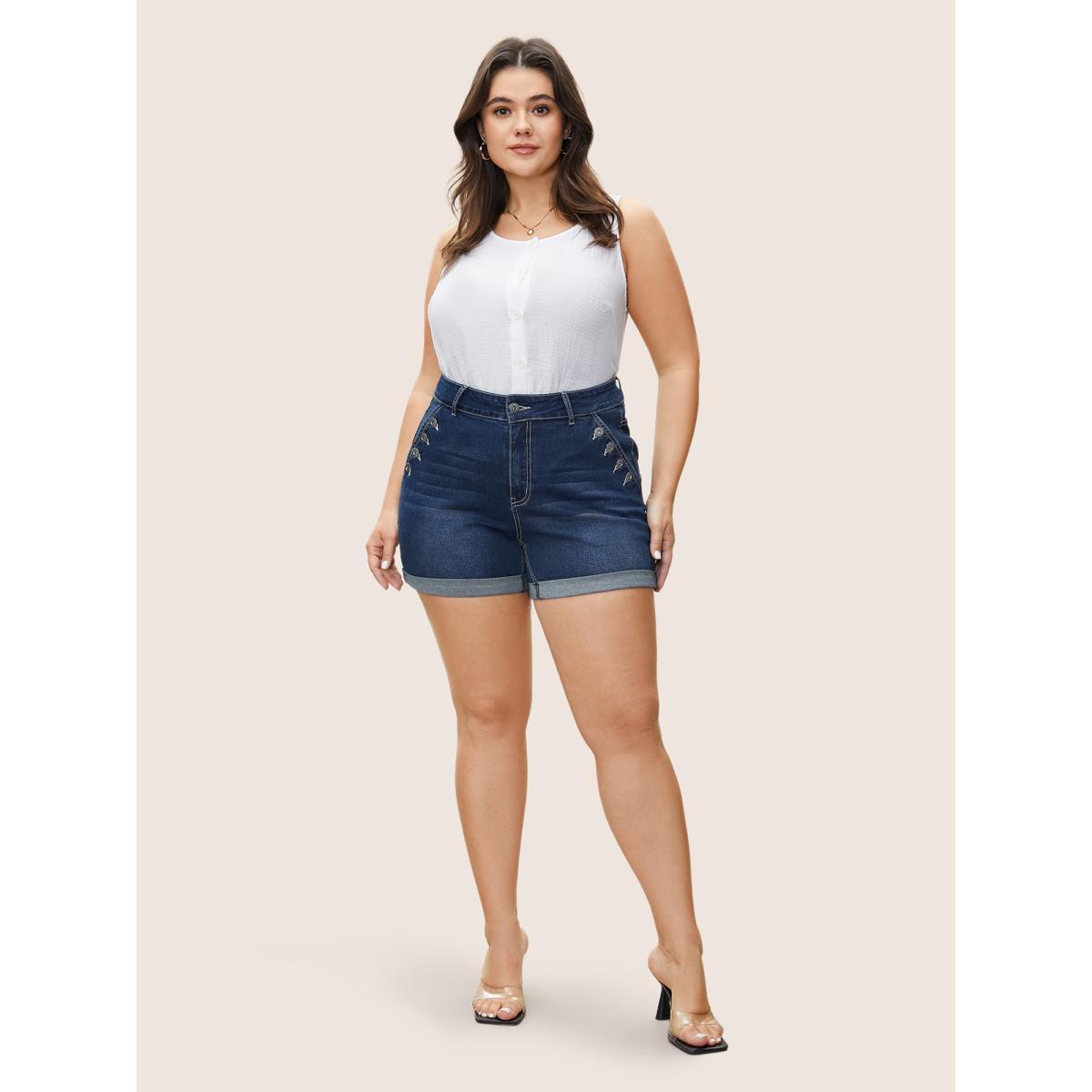 Plus Size Dark Wash Button Detail Roll Hem Denim Shorts Women Indigo Non High stretch Everyday Slanted pocket Elegant Denim Shorts BloomChic 16/1X Product Image