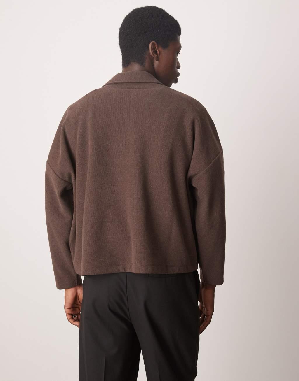 ASOS DESIGN oversized boxy brushed rib polo in brown Product Image