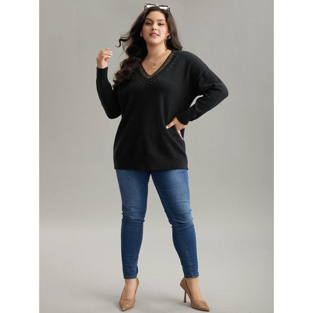 Plus Size Anti-Pilling Rhinestone Drop Shoulder Pullover Black Women Casual Loose Long Sleeve V-neck Dailywear Pullovers BloomChic 28/5X Product Image