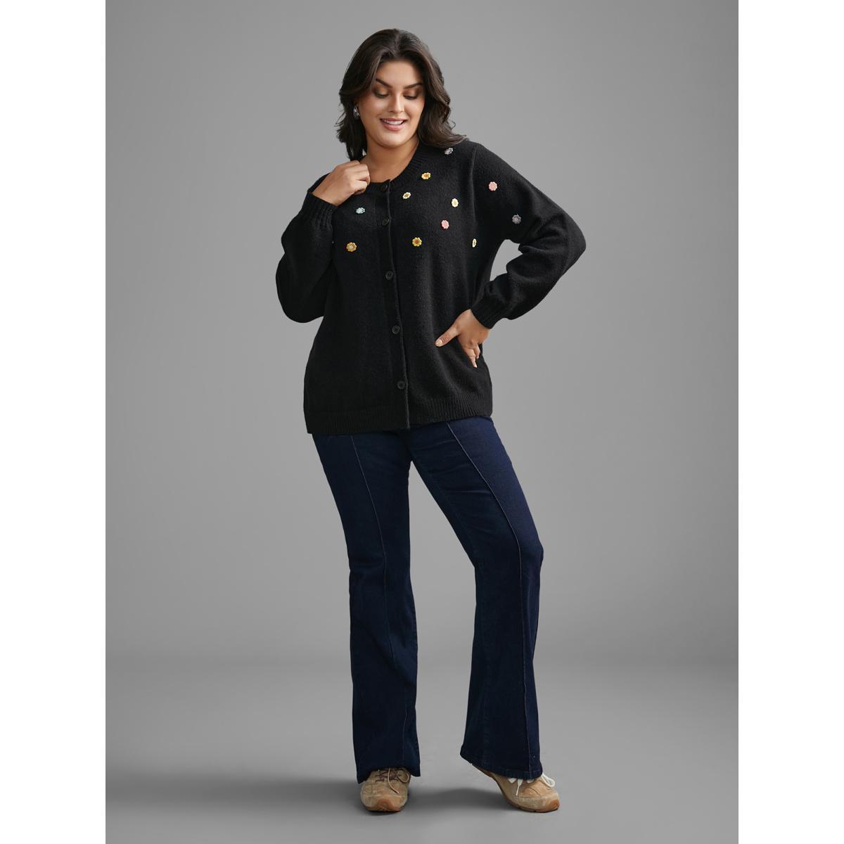 Plus Size Stereo Flower Design Button Through Cardigan Black Women Casual Loose Long Sleeve Everyday Cardigans BloomChic 14-16/1X Product Image
