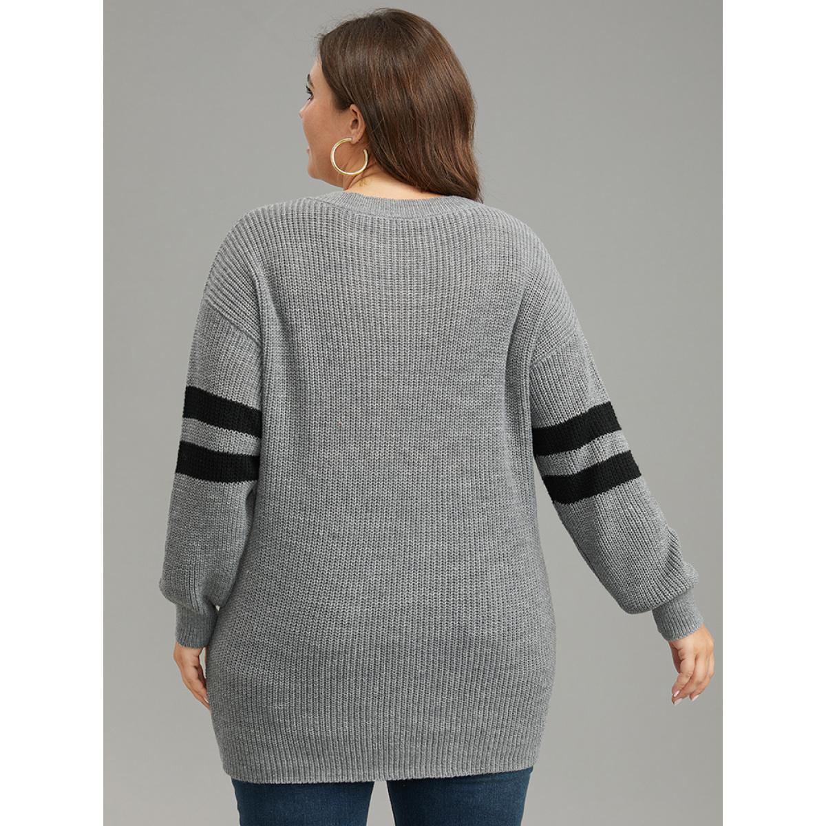 Plus Size Anti-Pilling Striped Button Detail Pullover DarkGray Women Casual Long Sleeve V-neck Dailywear Pullovers BloomChic 18-20/2X Product Image