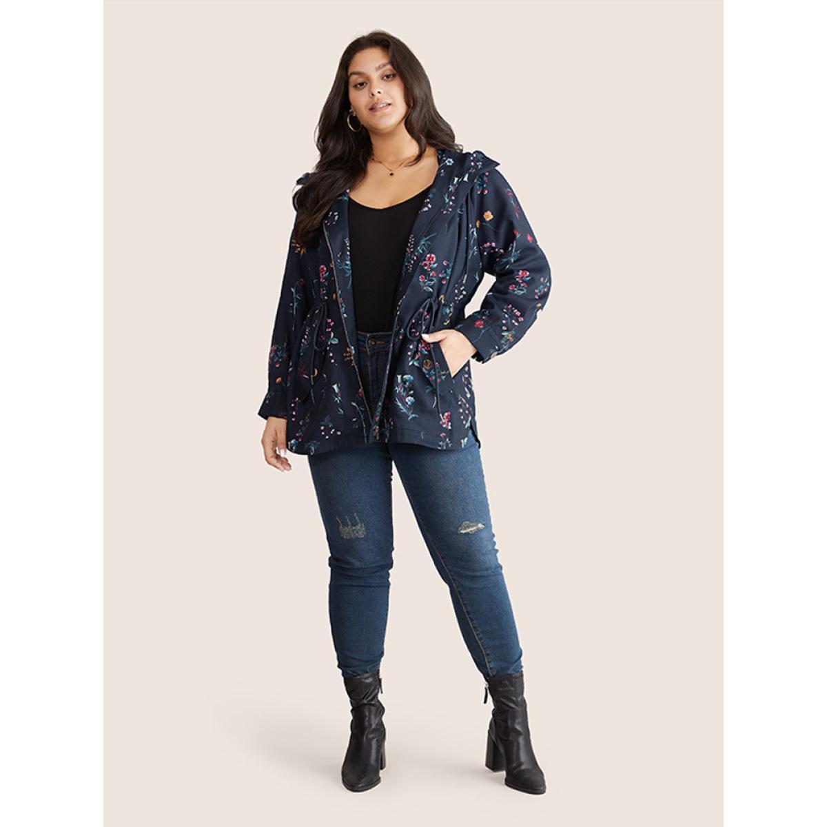 Plus Size Plants Drawstring Hooded Zipper Jacket Women Indigo Lined Pocket Dailywear Jackets BloomChic 22-24/3X Product Image