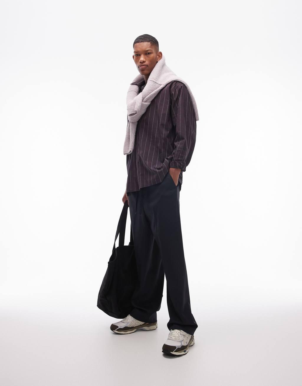 Topman long sleeve oversized stripe shirt in burgundy Product Image