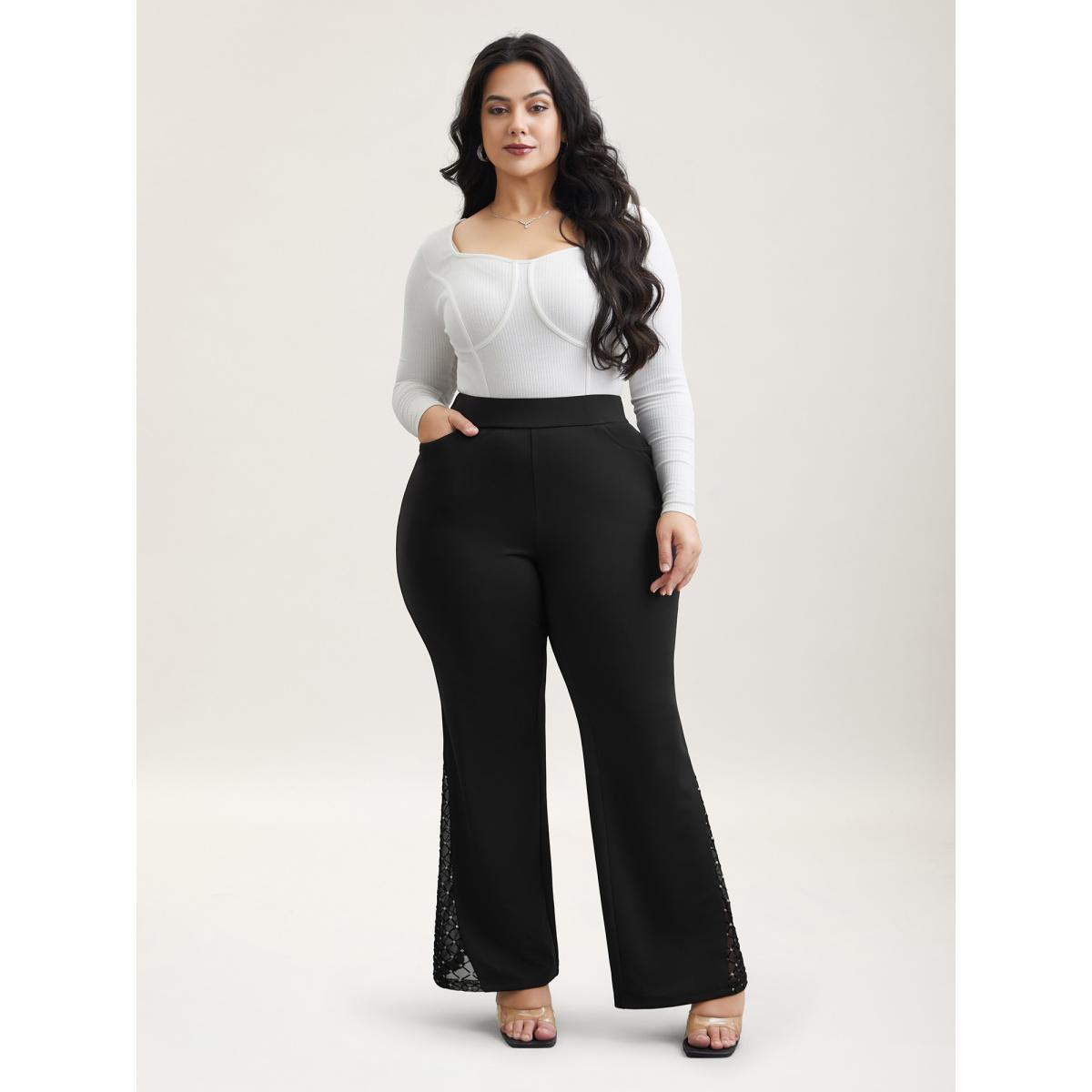 Plus Size Mesh Spliced Mid Rise Flared Pants Women Black Elegant Bootcut Mid Rise Everyday Pants BloomChic 22-24/3X Product Image