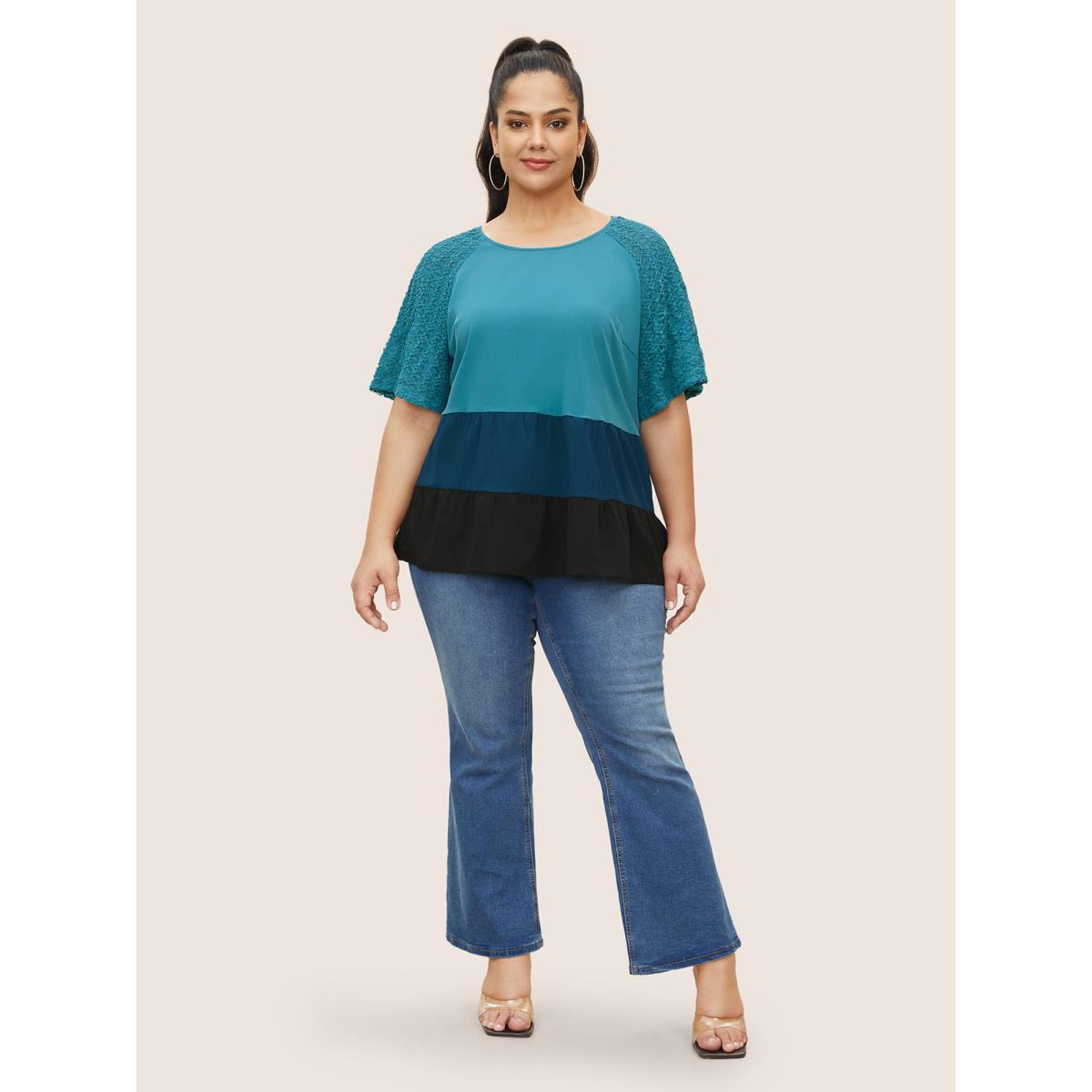 Plus Size Cerulean Colorblock Contrast Lace Panel Raglan Sleeve Blouse Women Casual Short sleeve Round Neck Everyday Blouses BloomChic 28/5X Product Image