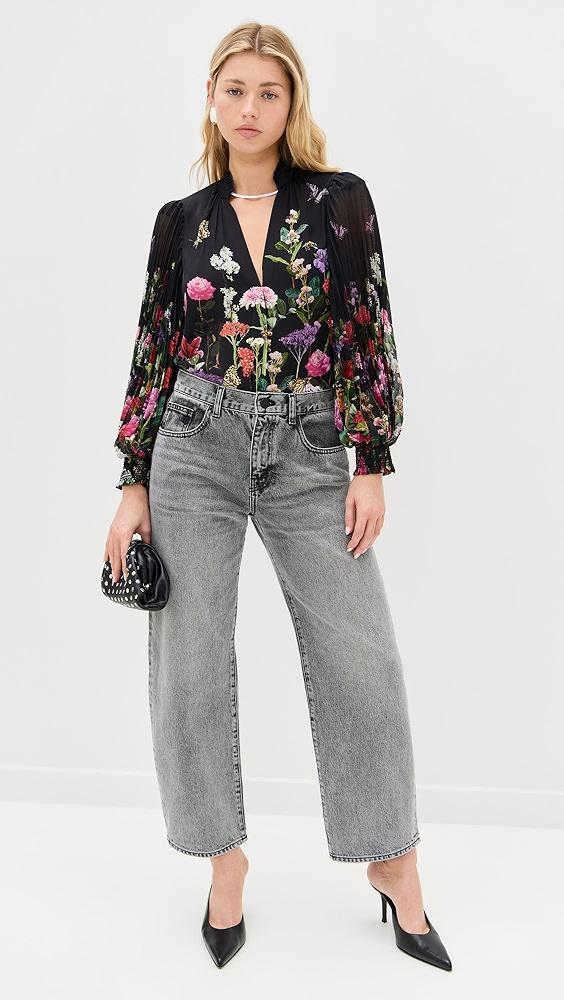 alice + olivia Ilan Pleated Blouson Sleeve Button Front Blouse | Shopbop Product Image