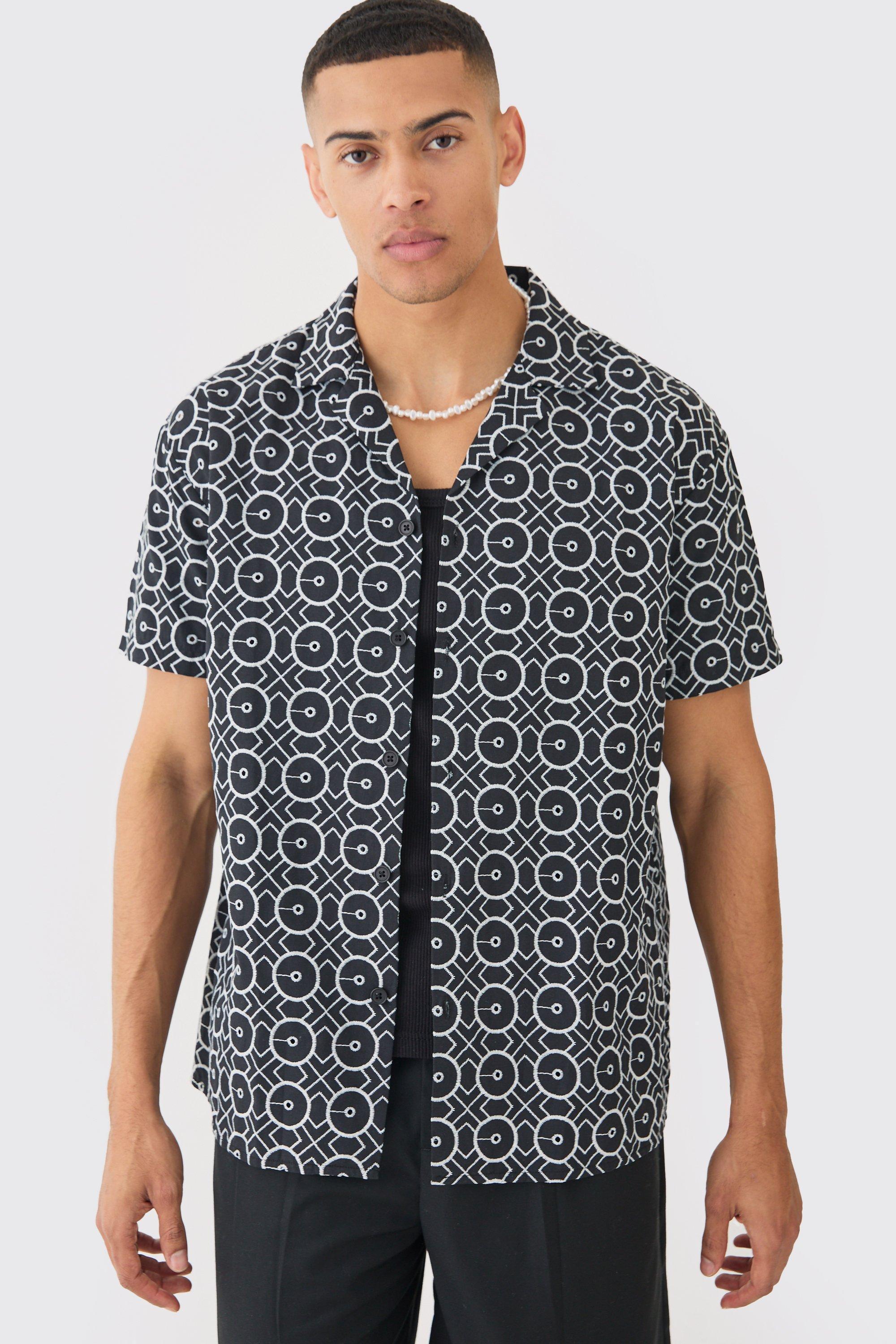 Short Sleeve Revere Oversized Embroidered Geo Shirt | boohooMAN USA Product Image