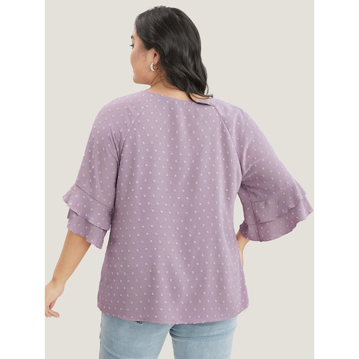 Plus Size Mauve Polka Dot Round Neck Ruffle Sleeve Blouse Women Casual Elbow-length sleeve Round Neck Dailywear Blouses BloomChic 10/M Product Image