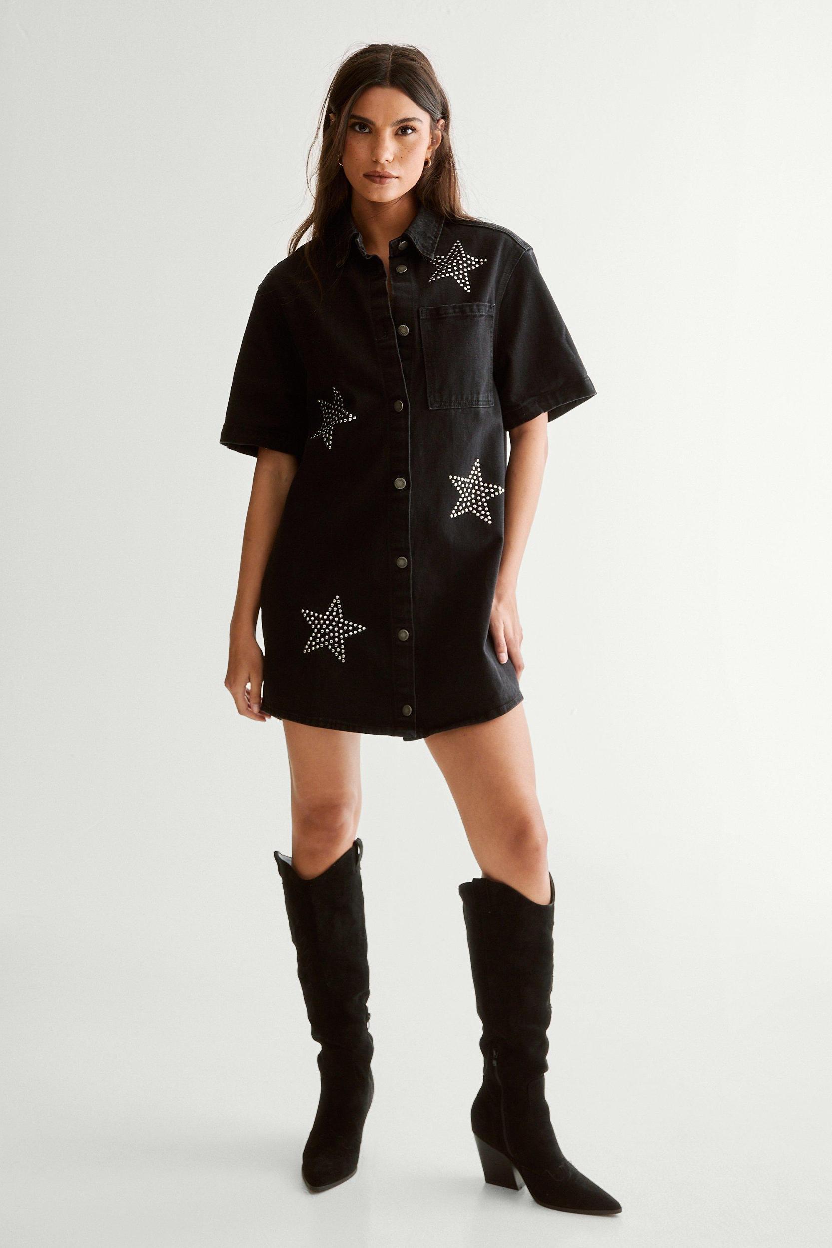 Star Studded Denim Shirt Dress Product Image