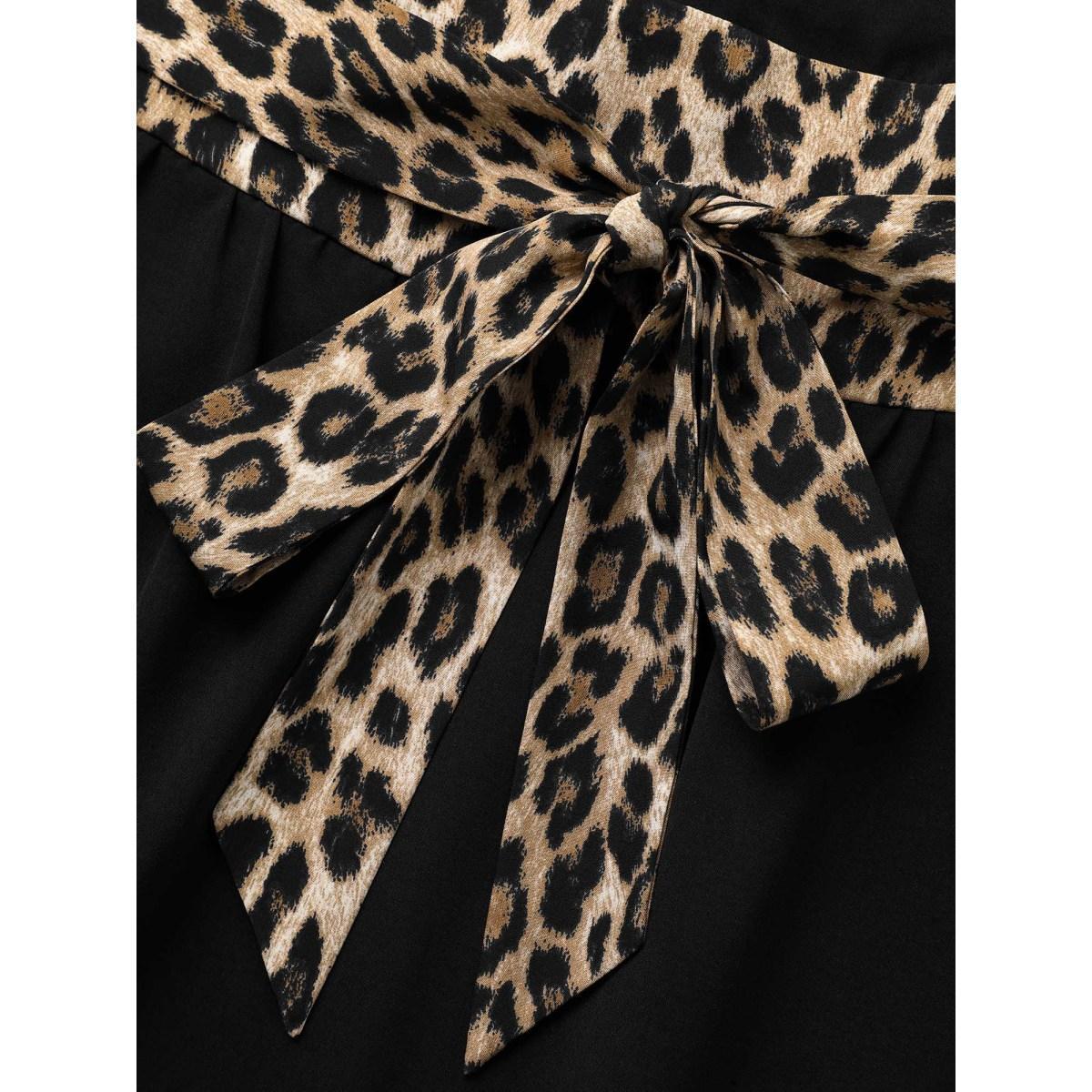 Plus Size Notched Collar Leopard Print Patchwork Dress Black Women Elegant Tie knot Notched collar Elbow-length sleeve Curvy BloomChic 30/6X Product Image