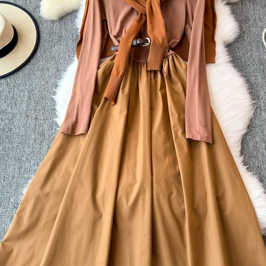 Set: Long-Sleeve Plain Maxi A-Line Dress + Shawl Product Image