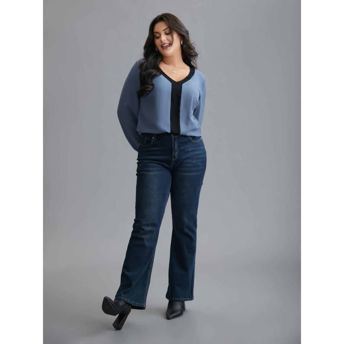 Plus Size Stone Contrasting Panel Lantern Sleeve Shirt Women Elegant Long Sleeve V-neck Everyday Blouses BloomChic 18-20/2X Product Image