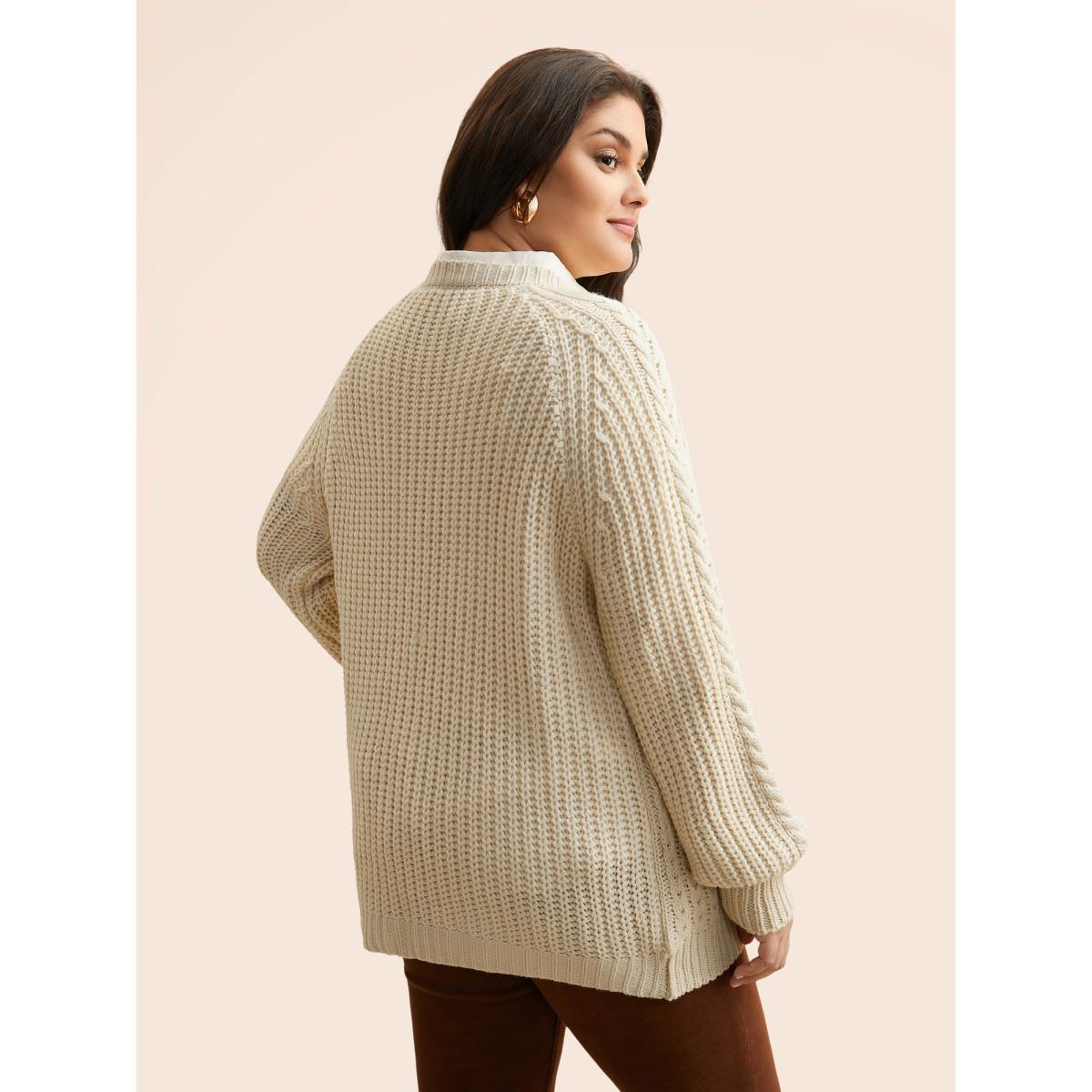 Plus Size Solid Cable Knit Raglan Sleeve Pullover WhiteSmoke Women Casual Long Sleeve Round Neck Everyday Pullovers BloomChic 26/4X Product Image