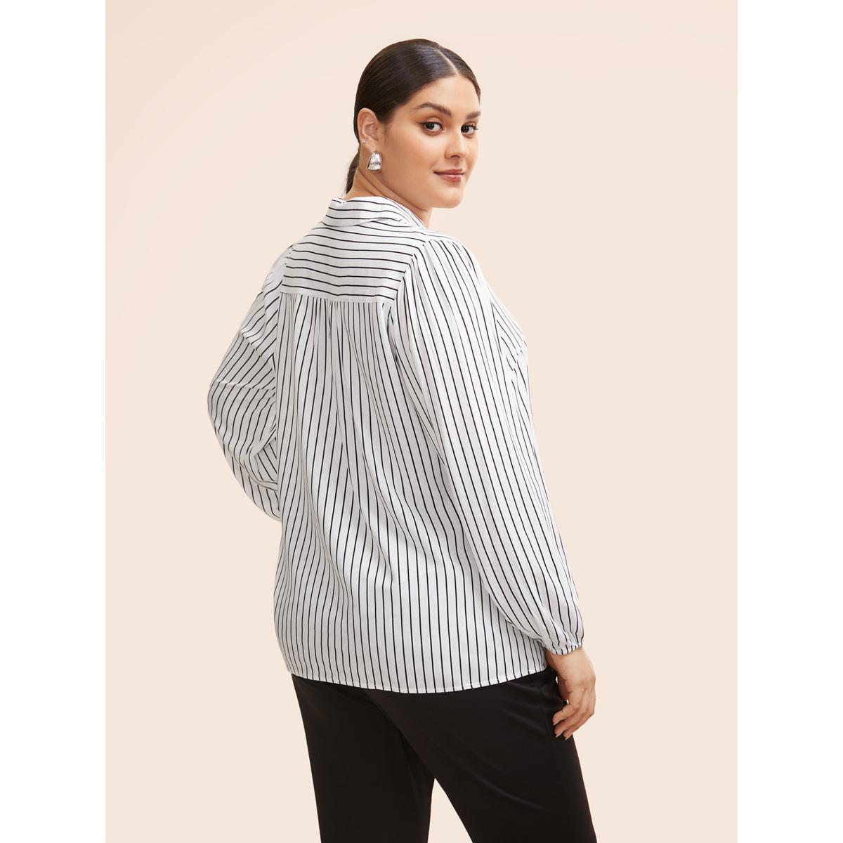 Plus Size WhiteSmoke Striped Lapel Collar Lantern Sleeve Blouse Women Workwear Essentials Long Sleeve V-neck Work Blouses BloomChic 30/6X Product Image