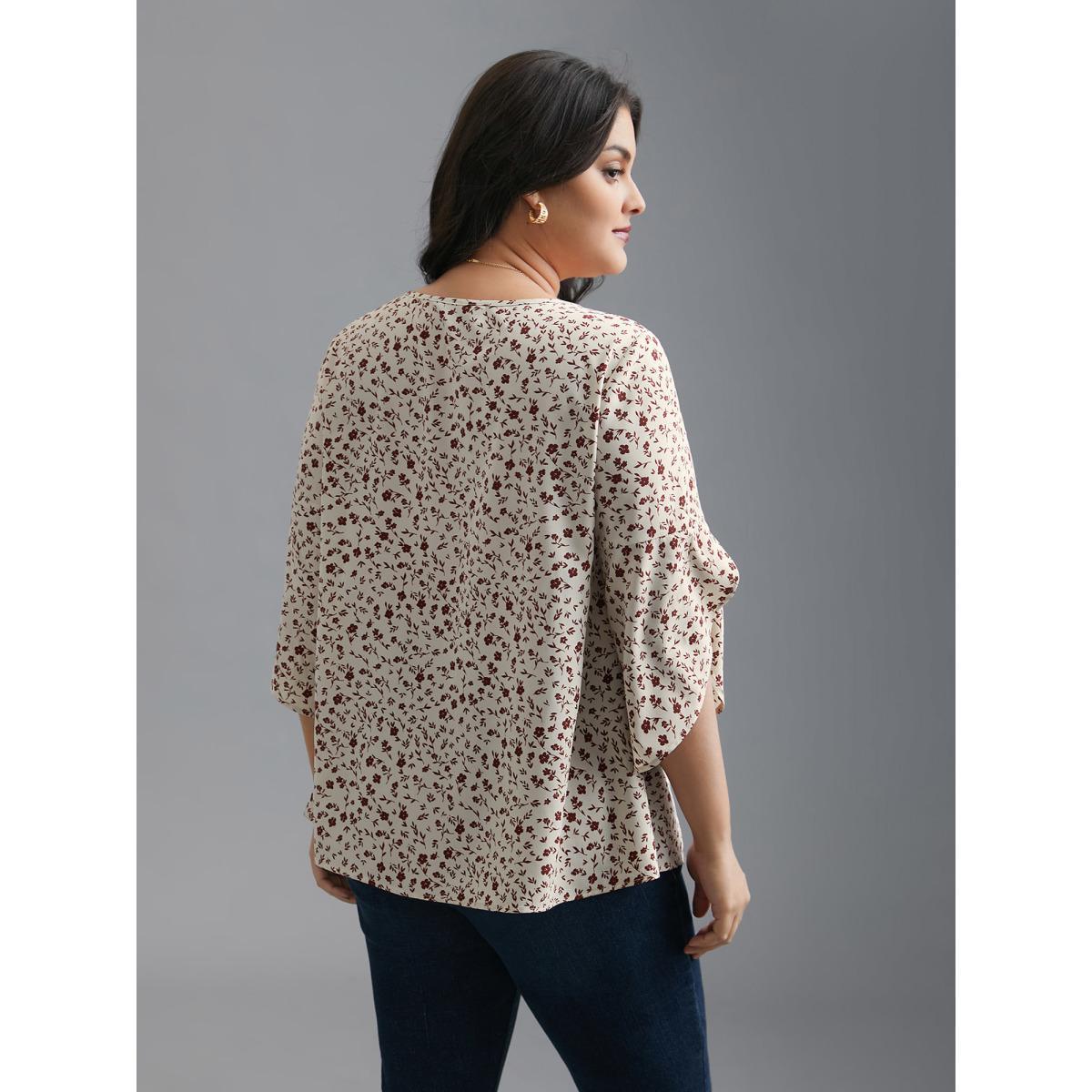 Plus Size Beige Crew Neck Ditsy Floral Bell Sleeve Blouse Women Elegant Elbow-length sleeve Round Neck Everyday Blouses BloomChic 26/4X Product Image