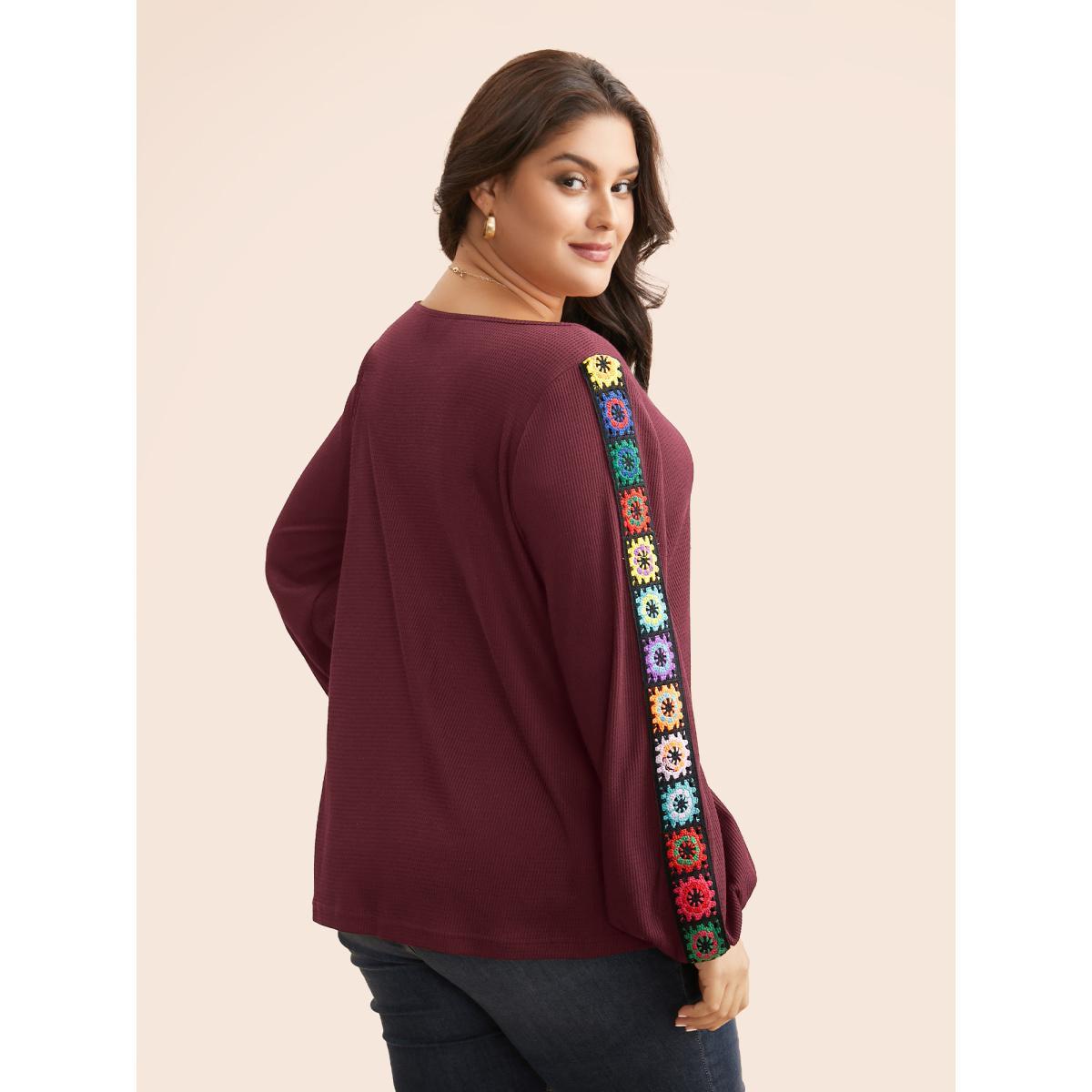 Plus Size Crew Neck Patchwork Crochet Floral T-shirt Burgundy Women Casual Woven ribbon&lace trim Non Everyday T-shirts BloomChic 28/5X Product Image