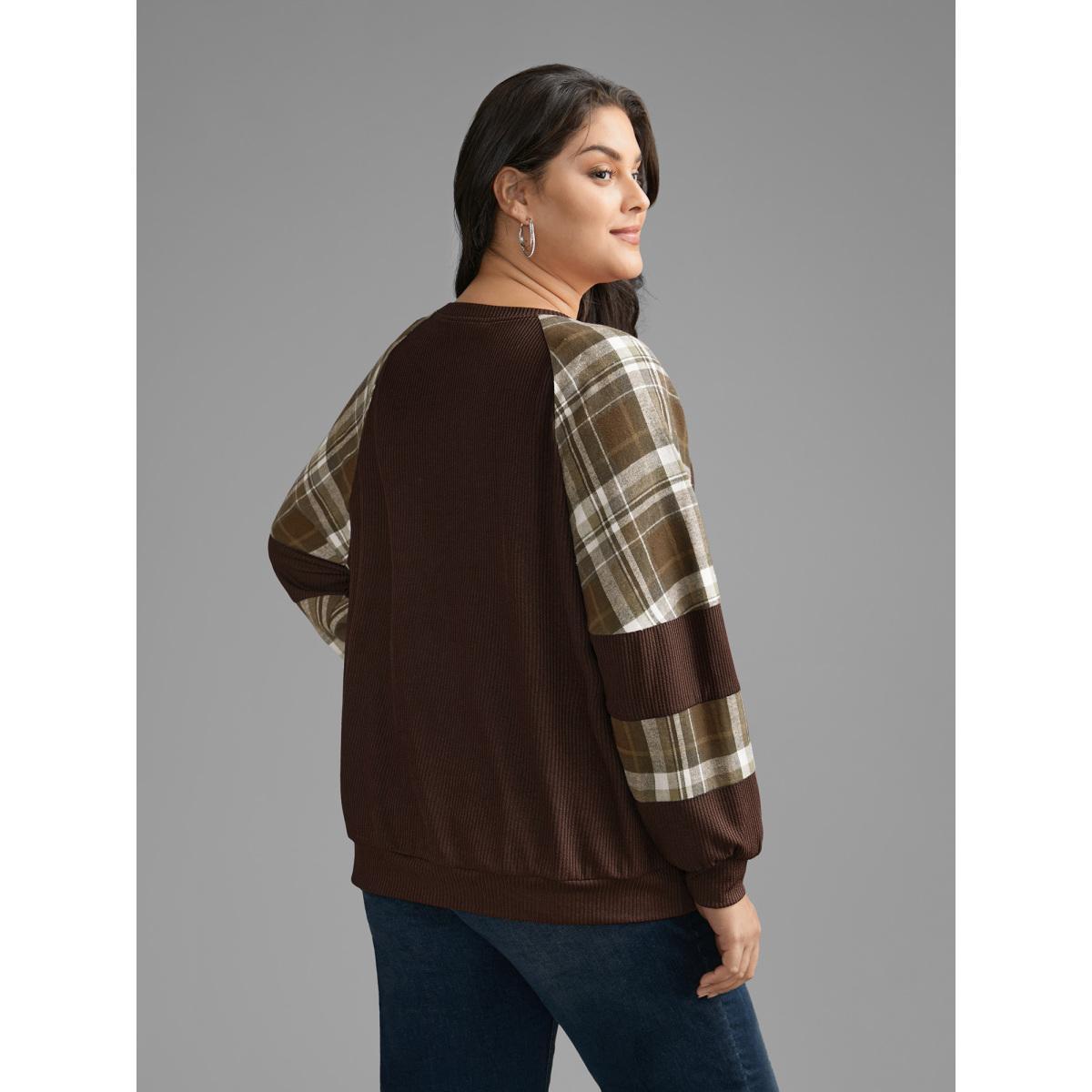 Plus Size Plaid Patchwork Raglan Sleeve Sweatshirt Women DarkBrown Casual Texture Round Neck Everyday Sweatshirts BloomChic 18-20/2X Product Image