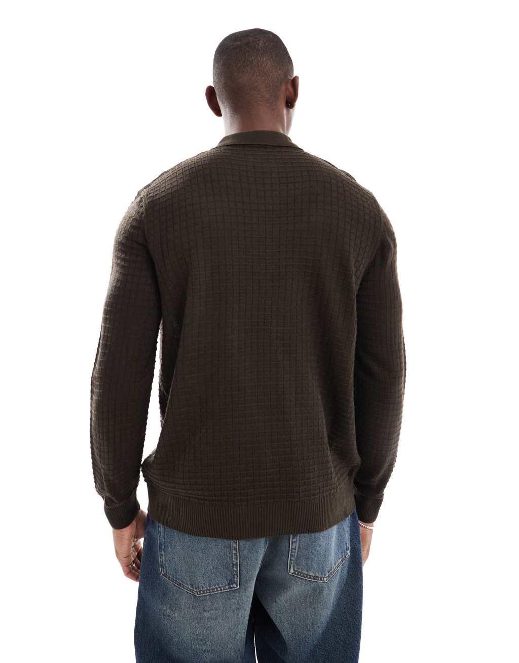 ASOS DESIGN relaxed long sleeve waffle knit polo sweater in brown Product Image