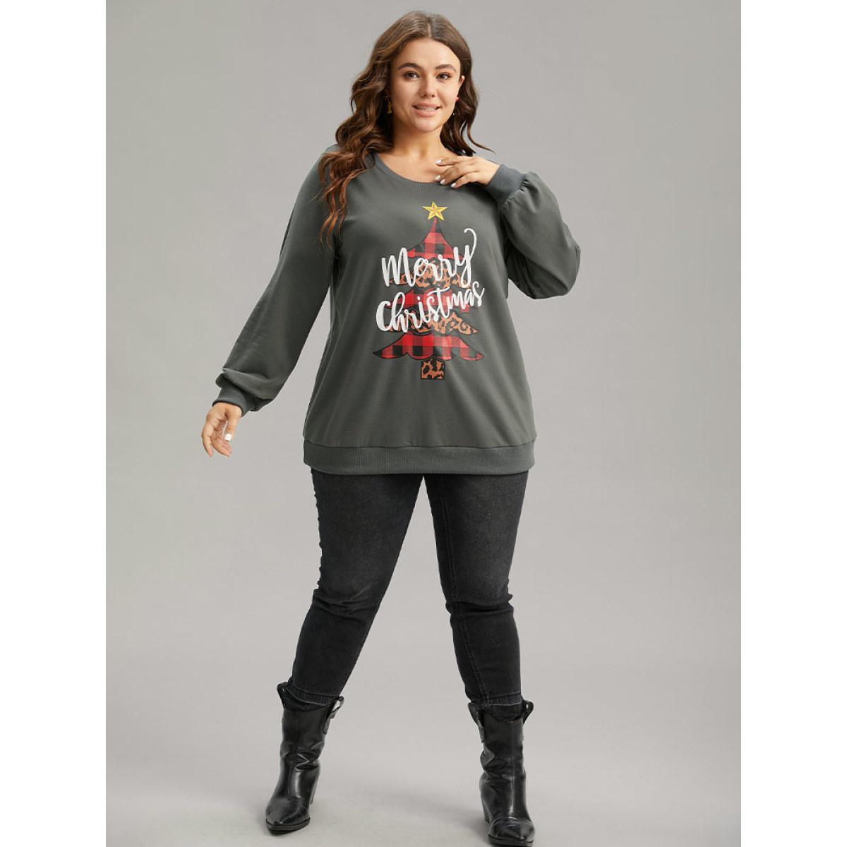 Plus Size Christmas Trees Round Neck Rib Knit Sweatshirt Women Gray Casual Rib Knit Festival-Christmas Sweatshirts BloomChic 28/5X Product Image