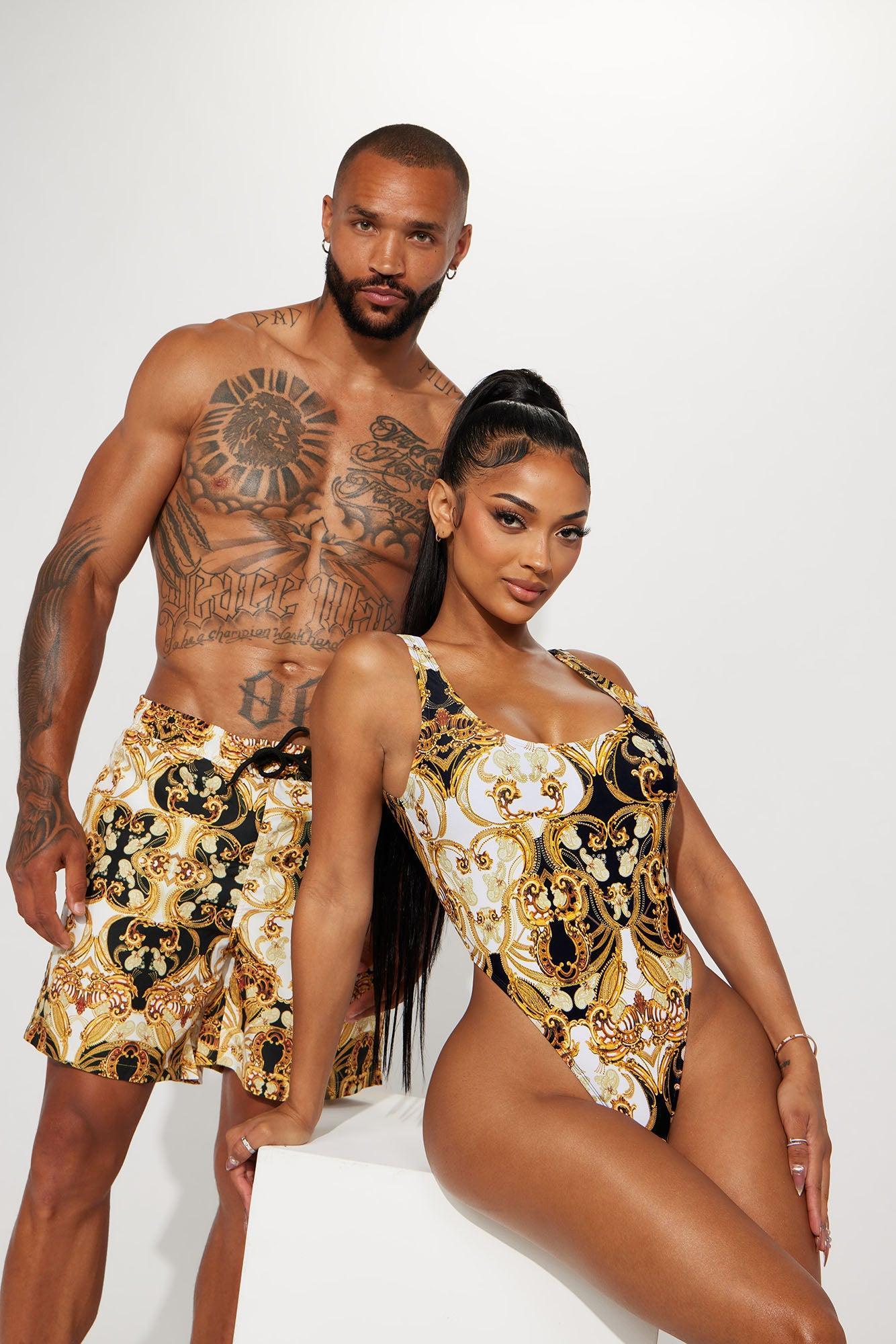Luxe Baroque Swim Mid Trunk - Black/Gold Product Image