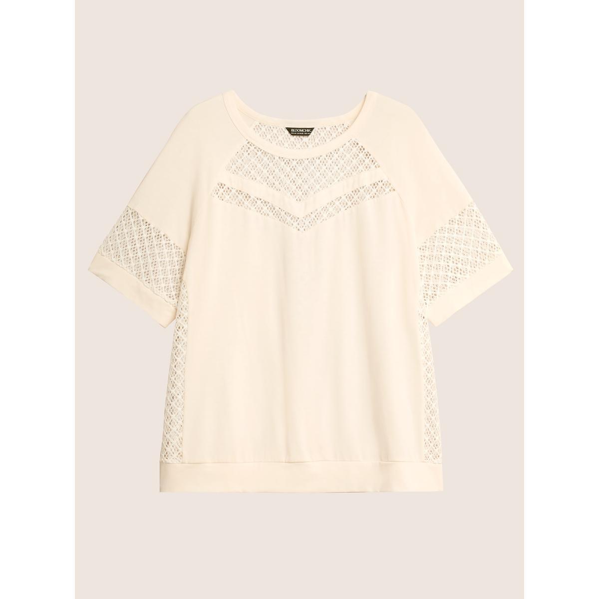 Plus Size Solid Hollow Out Raglan Sleeve T-shirt Beige Women Casual Patchwork Round Neck Everyday T-shirts BloomChic 26/4X Product Image