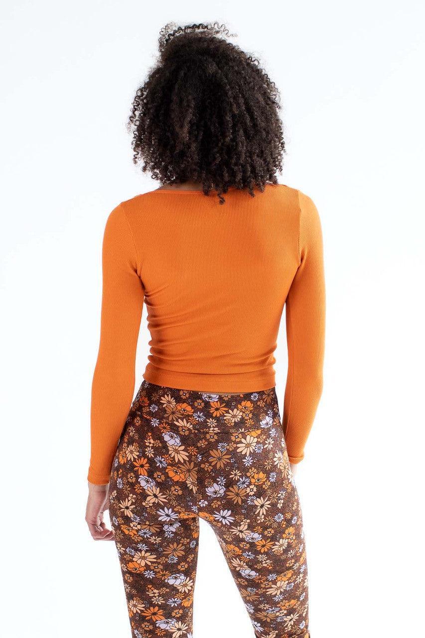 Orange Floral Embroidered Seamless V-Neck Shirt Product Image
