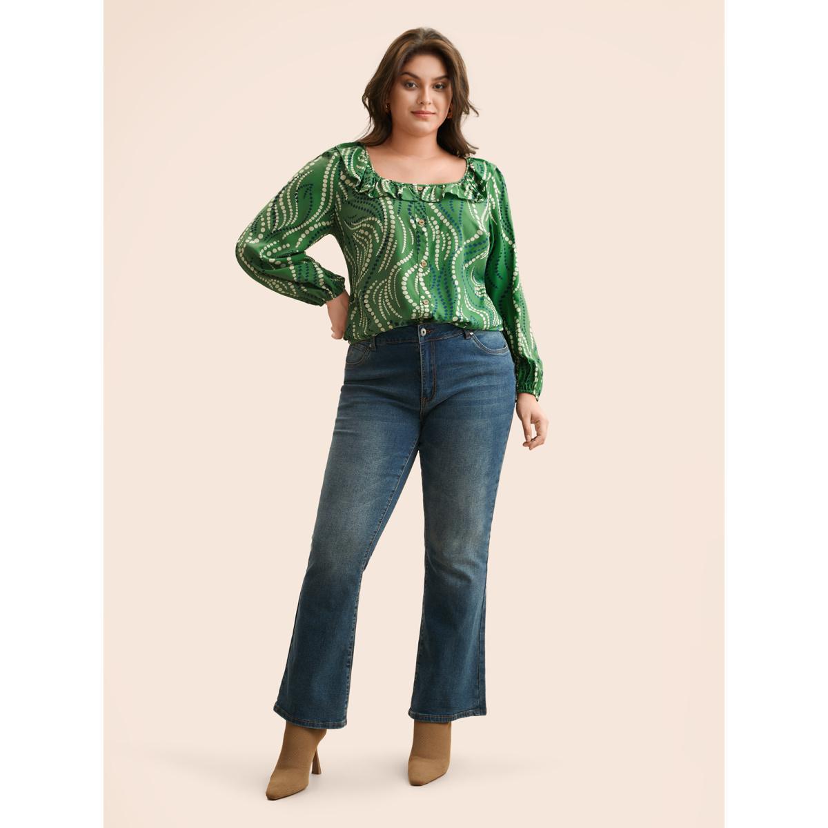 Plus Size Moss Polka Dot Ruffles Button Detail Blouse Women Elegant Long Sleeve Square Neck Everyday Blouses BloomChic 18-20/2X Product Image