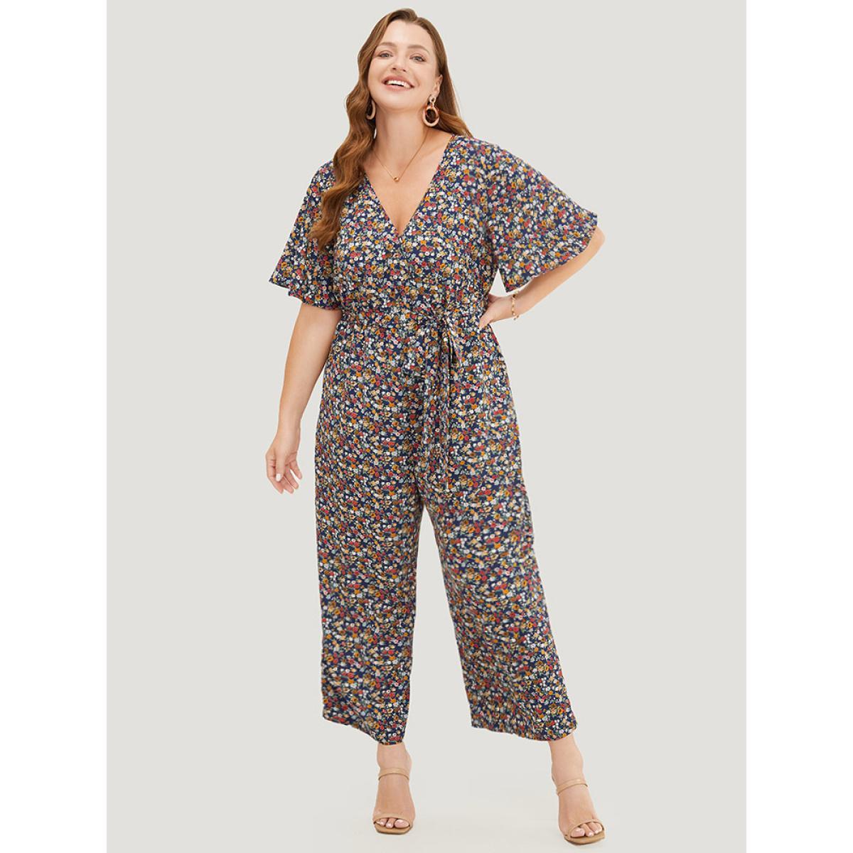 Plus Size DarkBlue Ditsy Floral Flutter Sleeve Pocket Belted Wrap Jumpsuit Women Elegant Short sleeve V-neck Dailywear Loose Jumpsuits BloomChic 30/6X Product Image