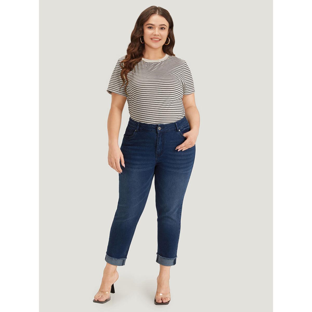 Plus Size Solid Frayed Roll Hem High Rise Jeans Women Blue Casual Plain Plain High stretch Pocket Jeans BloomChic 16/1X Product Image