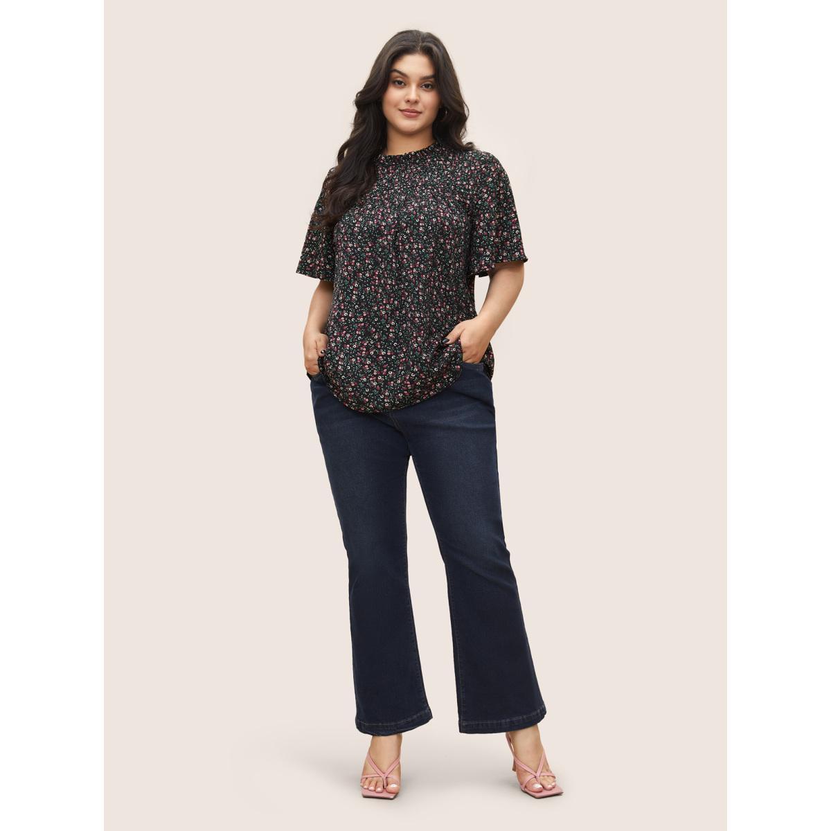 Plus Size Black Ditsy Floral Plicated Detail Frill Trim Blouse Women Elegant Short sleeve Round Neck Everyday Blouses BloomChic 30/6X Product Image