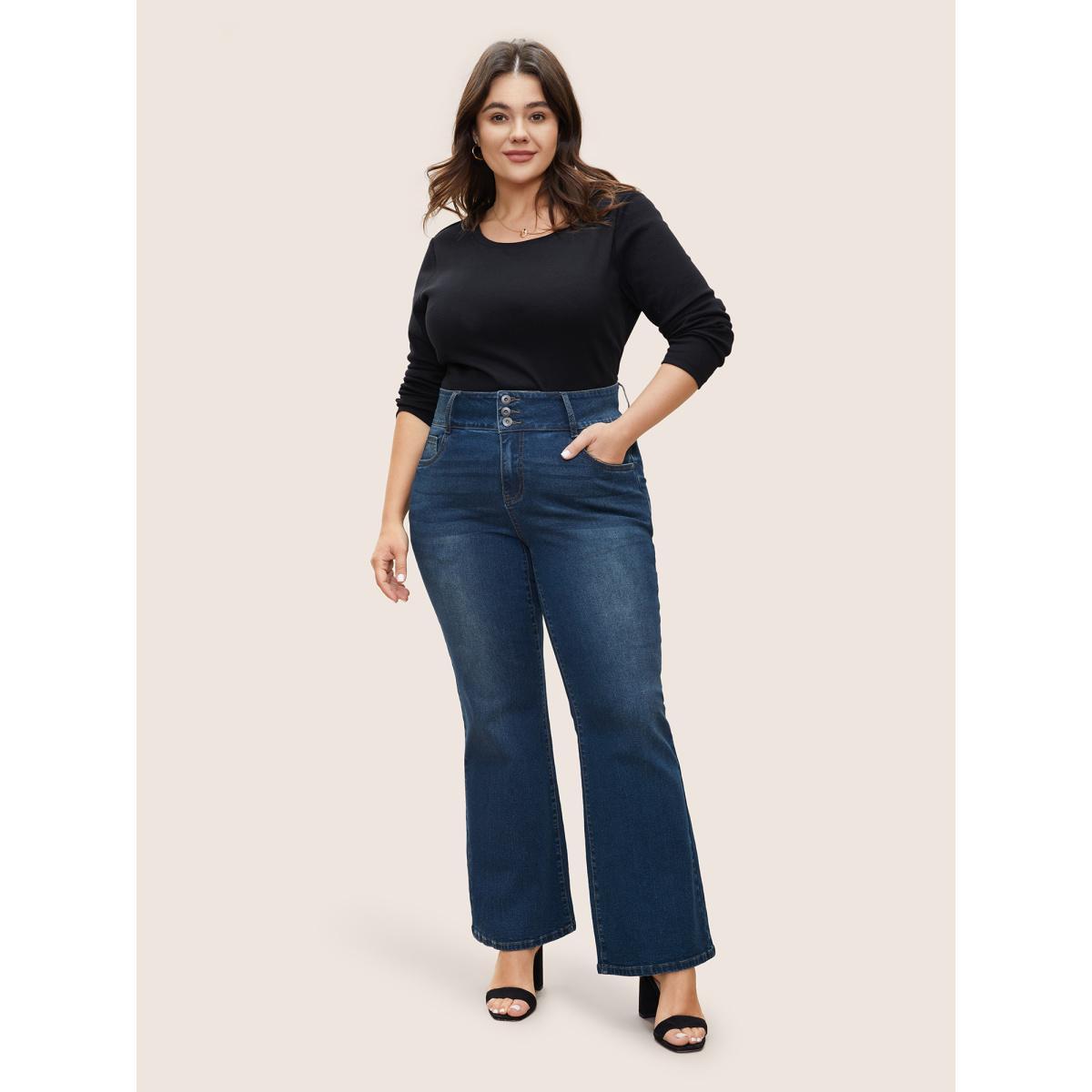 Plus Size Flare Leg Medium Wash Pocket Jeans Women Indigo Casual Plain Non High stretch Slanted pocket Jeans BloomChic 28/5X Product Image