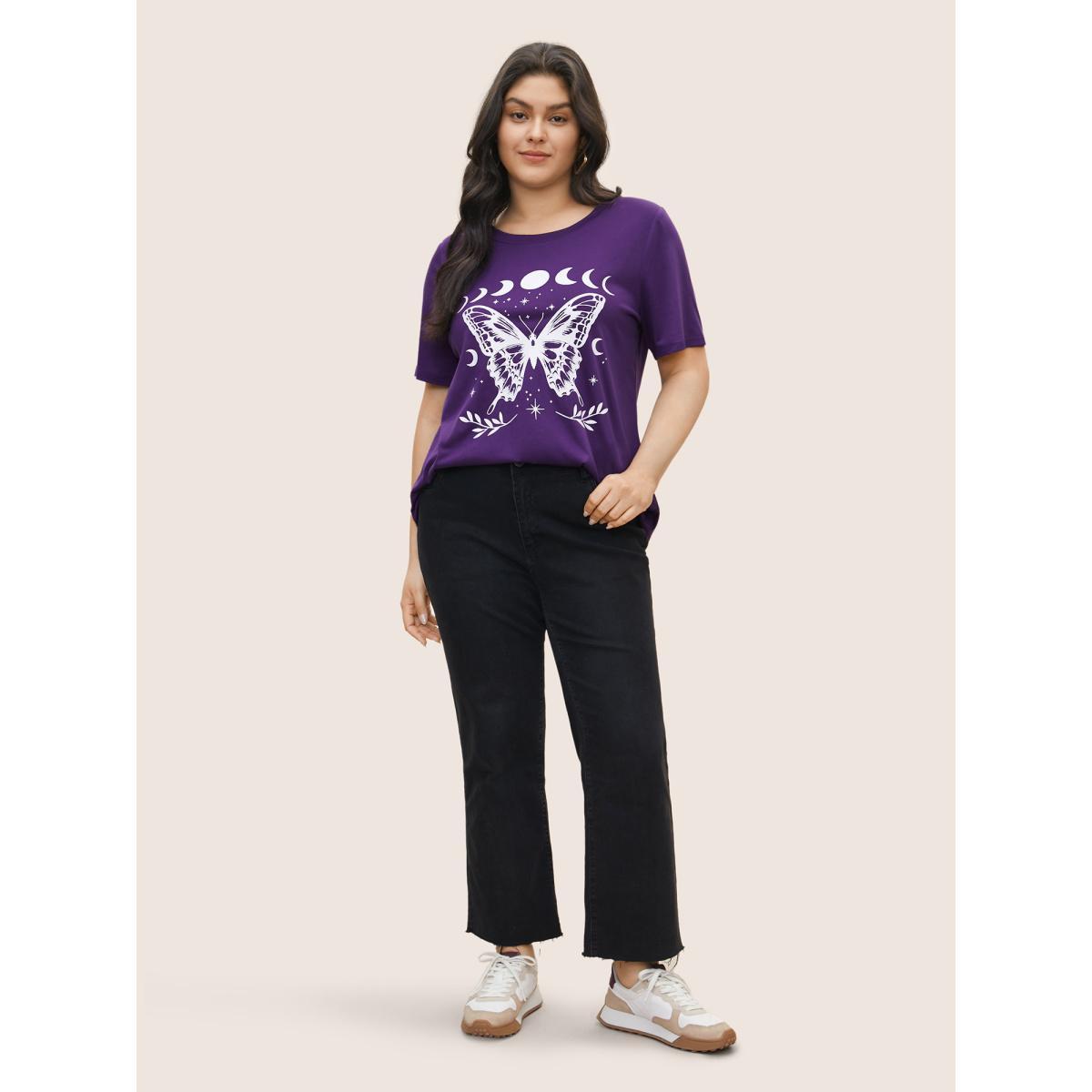 Plus Size Butterfly & Moon Print Round Neck T-shirt Eggplant Women Casual Non Star and moon Everyday T-shirts BloomChic 10/M Product Image